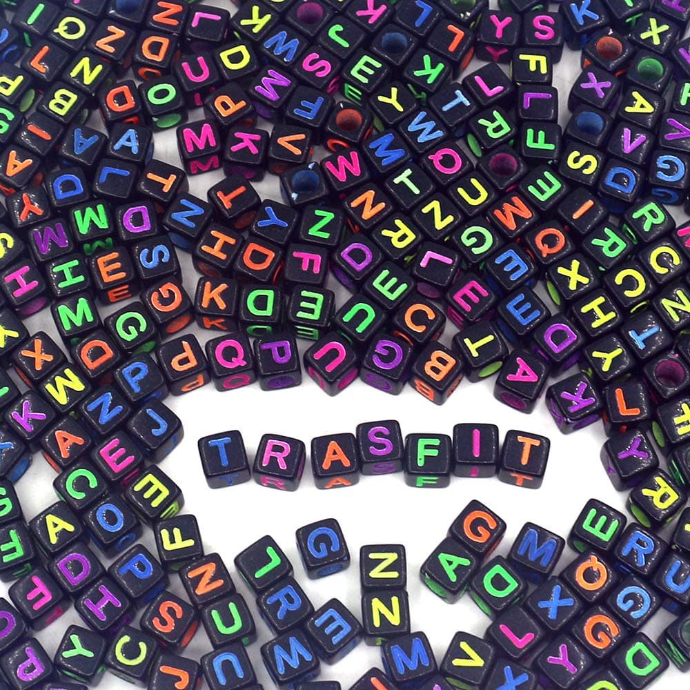 Trasfit 1000 Pieces Black Colorful Acrylic Alphabet Letter"A-Z" Cube Beads for Jewelry Making, Bracelets, Necklaces, Key Chains and Kids Jewelry (6mm)