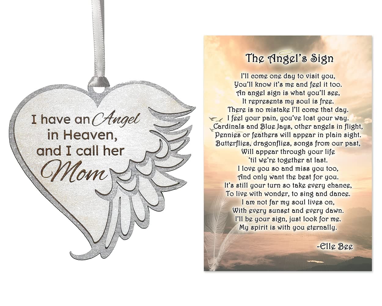 Lola Bella Gifts Angel Wing Wooden Sculpted Memorial Handmade Ornament for Loss of Mom and Angel's Sign Poem Card with Box Sympathy Grief Gift (Silver)