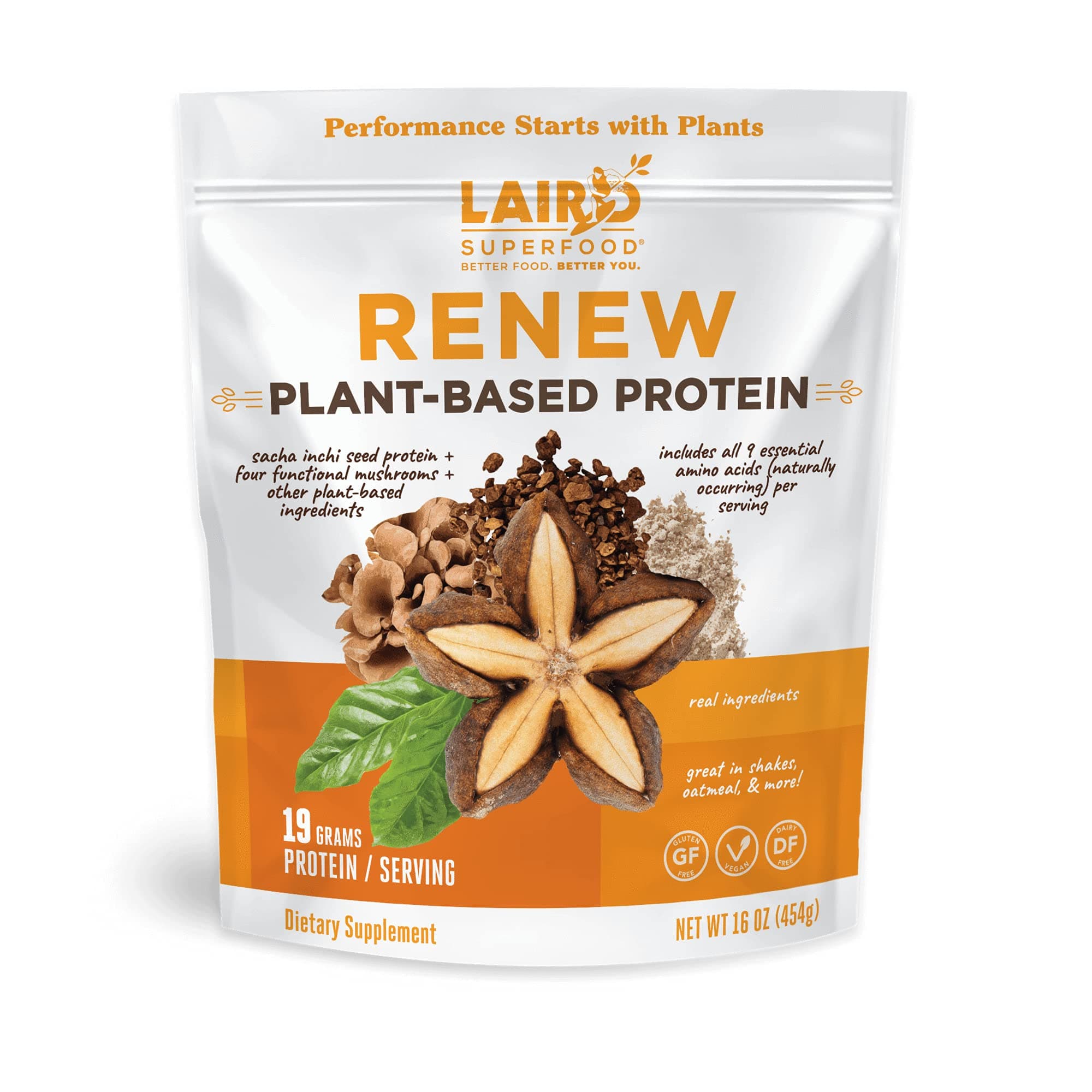 Laird Superfood Renew Plant-Based Protein Powder, 19 Grams Protein, Vegan with Sasha Inchi Seed Protein, Four Functional Mushrooms, Preservative Free, Gluten-Free, Dairy-Free, 16 oz. Bag