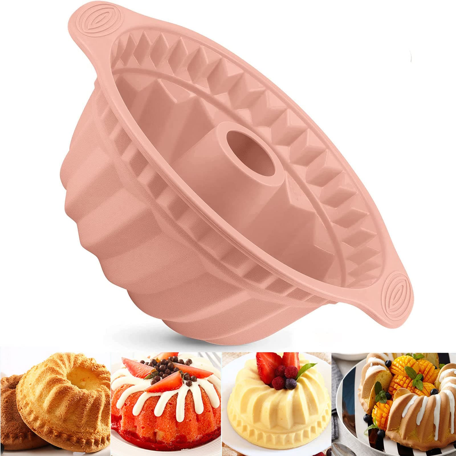 Cake Mould Silicone Baking Pan, 24cm 9.5'' Fluted Tube Cake Pan Ring Cake Tin for Baking, Round Baking Tin with Handle Grips, Non-Stick Coating for Chiffon Cake Cheesecake Gugelhupf (Pink)