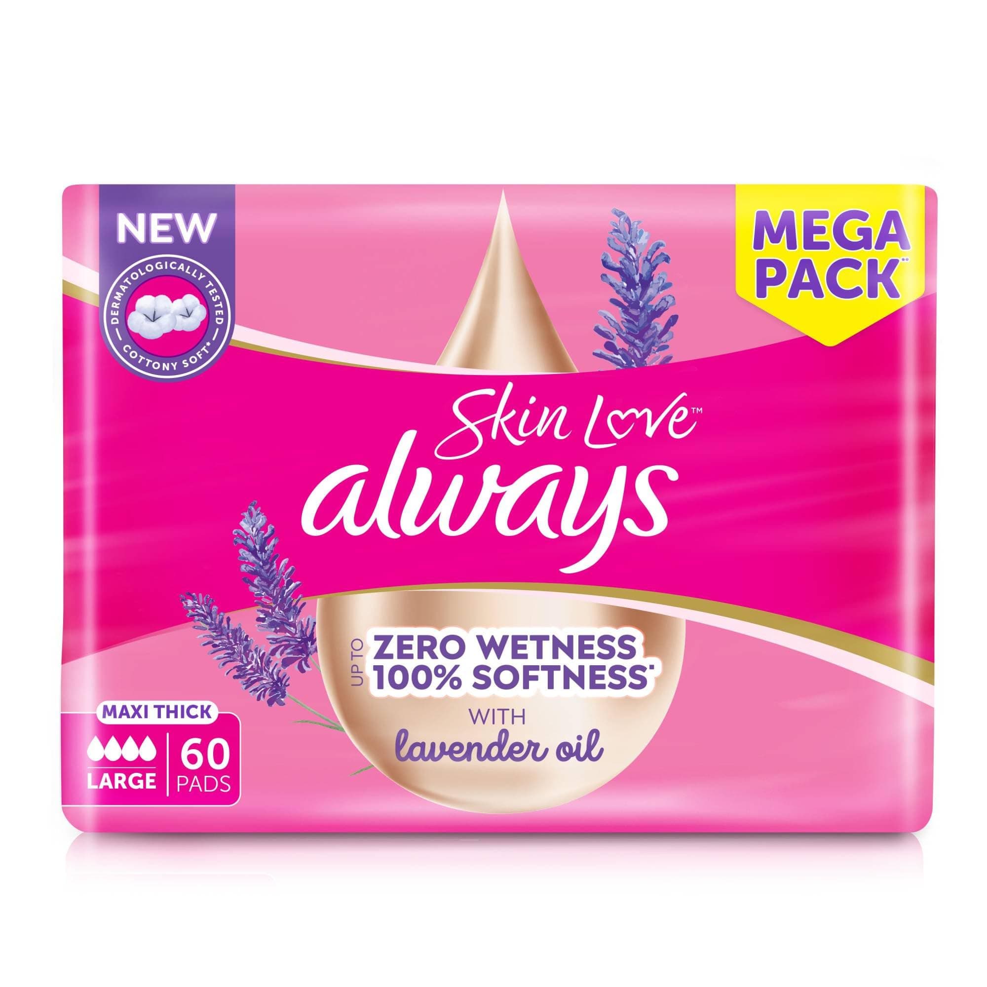Always Skin Love, Up to Zero Wetness 100% Softness, Maxi Thick, 60 Pads