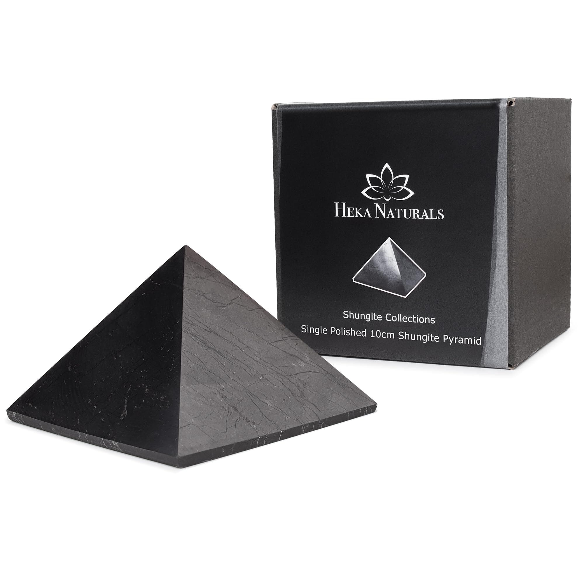 Heka Naturals Polished Shungite Pyramid Healing Crystals Gemstone | 10 cm - Home Decor Shungite Stone Crystal - Chakra Healing Meditation Pyramid for Negative Energy Protection