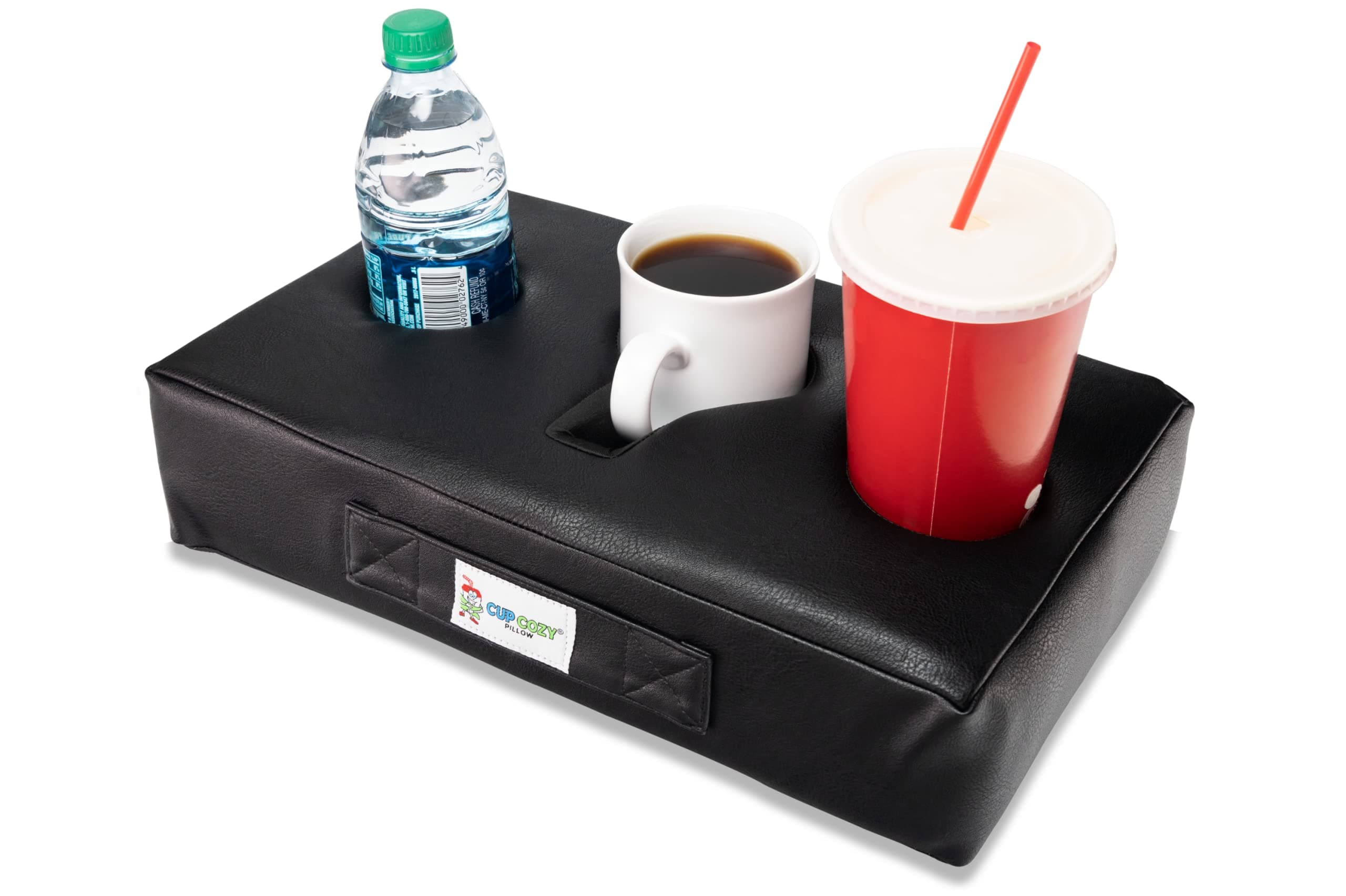 Cup Cozy Pillow (Black Faux Leather) *As Seen on TV*- The World's Best Cup Holder. Keep Drinks Close and Prevent Spills. Use it Anywhere-Couch, Floor, Bed, Man cave, car, RV, Park, Beach and More!