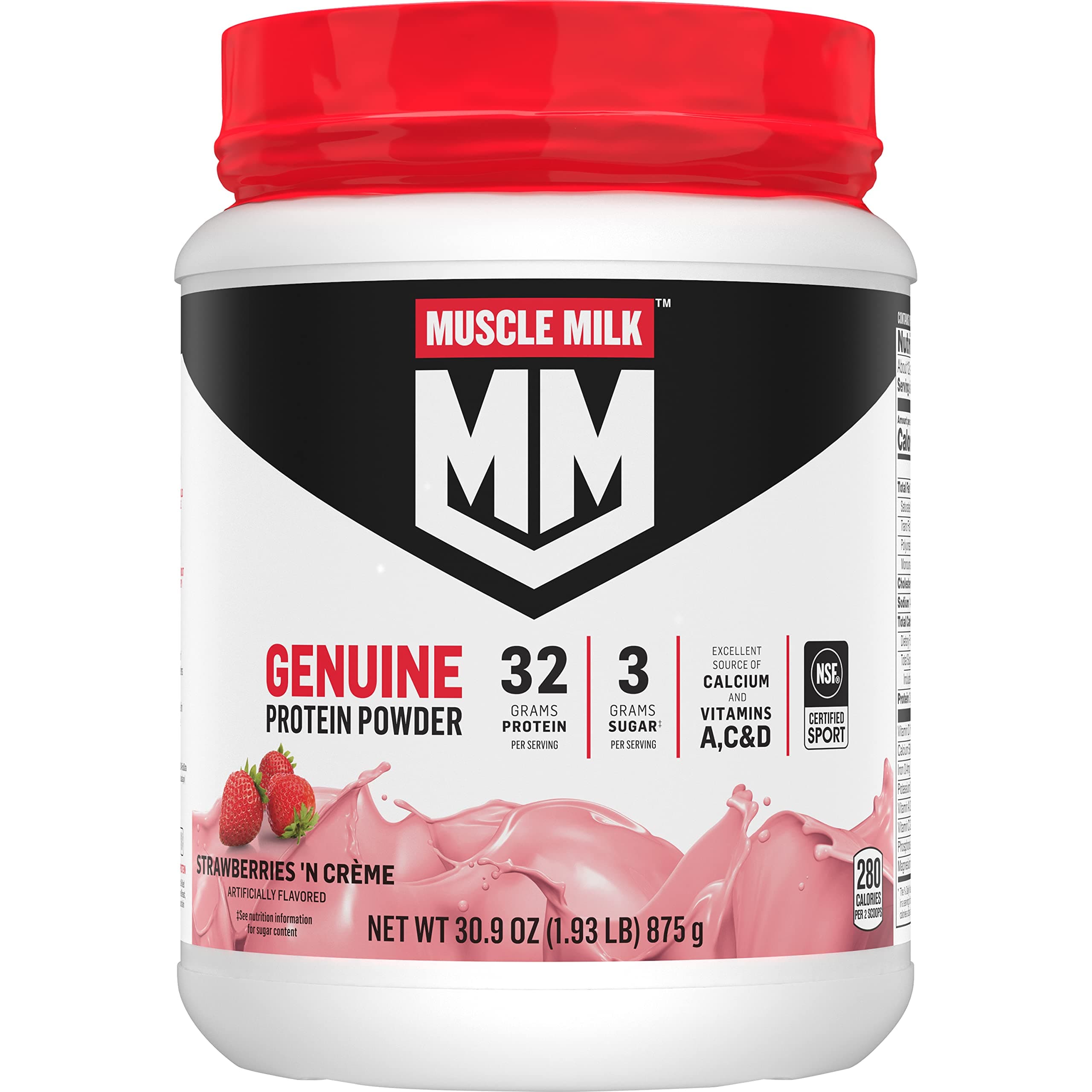 Genuine Protein Powder, Strawberries ‘N Creme, 1.93 Pounds, 12 Servings, 32g Protein, 3g Sugar, Calcium, Vitamins A, C & D, NSF Certified for Sport, Energizing Snack, Packaging May Vary