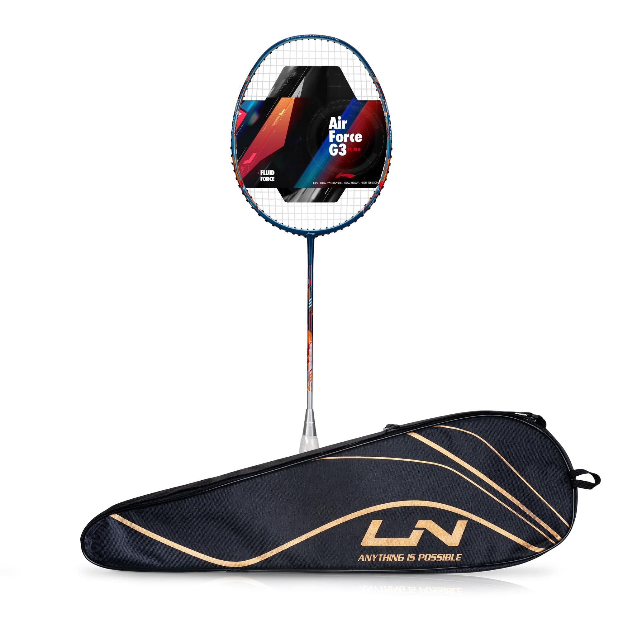 Li-NingAir-Force 78 G3 Carbon Fibre Strung Badminton Racket with Full Cover (78g, Navy/Silver/Orange)