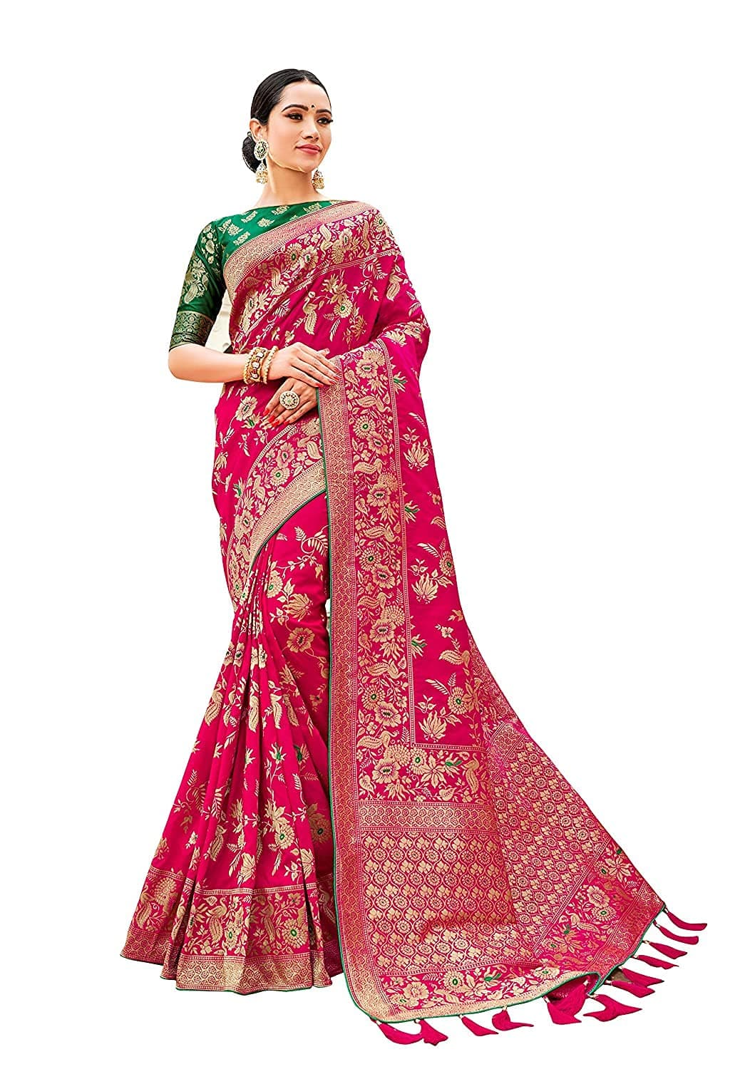 Women's Banarasi Silk Blend Woven Zari With Tussles Saree and Jacquard Woven Blouse Piece (37765 color)