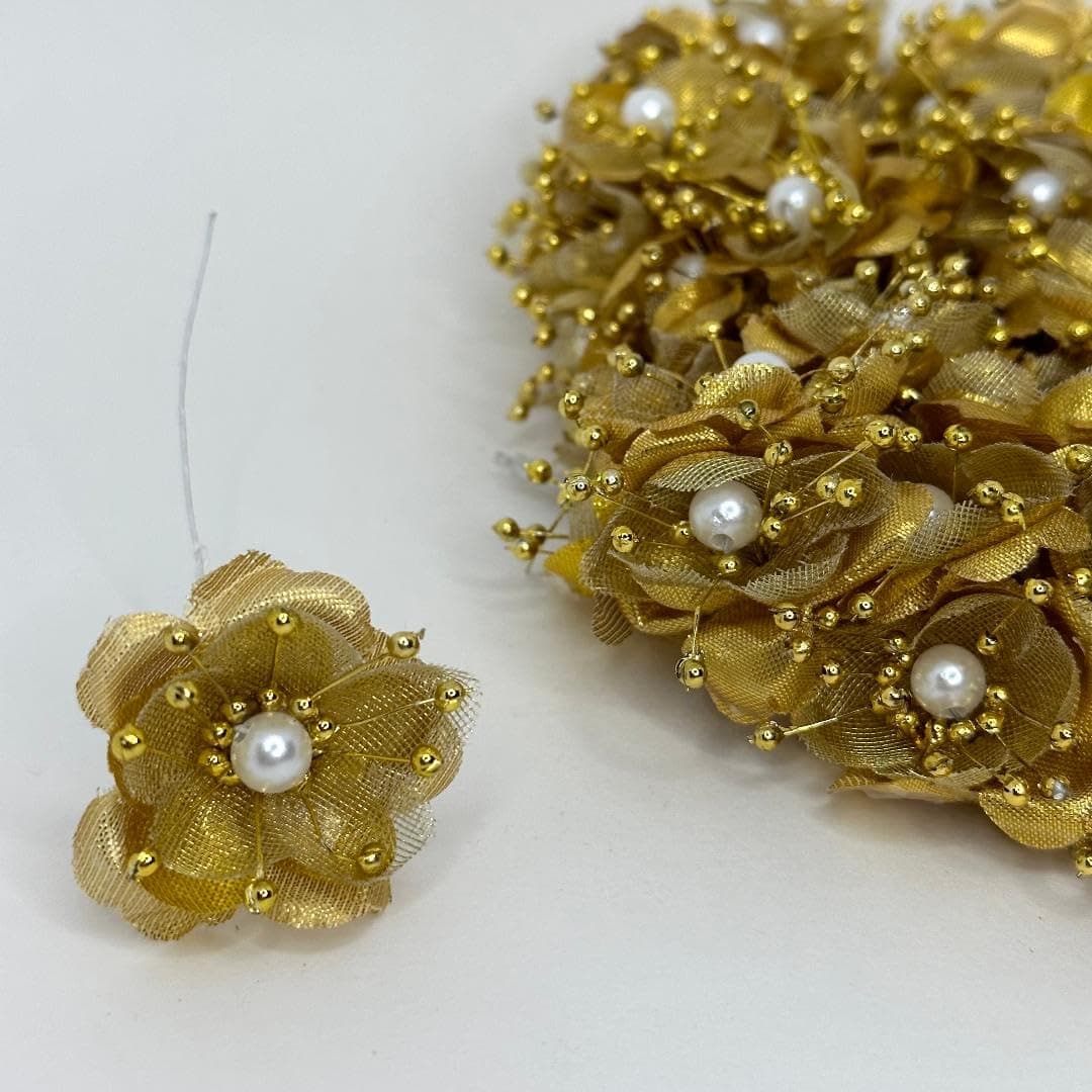Satin Pearl Flower, Gold. Pack of 72