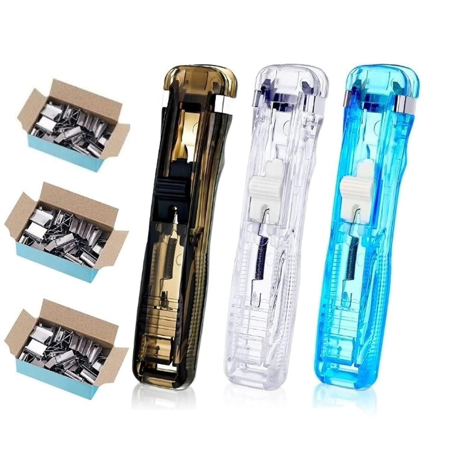 Rendol Enterprise 3 Pack Paper Clam Portable Handheld Paper Clip Dispenser 30 Sheet Capacity with 150 Pcs Silver Clips Fast Paper Clipper for Desk Document Office Home