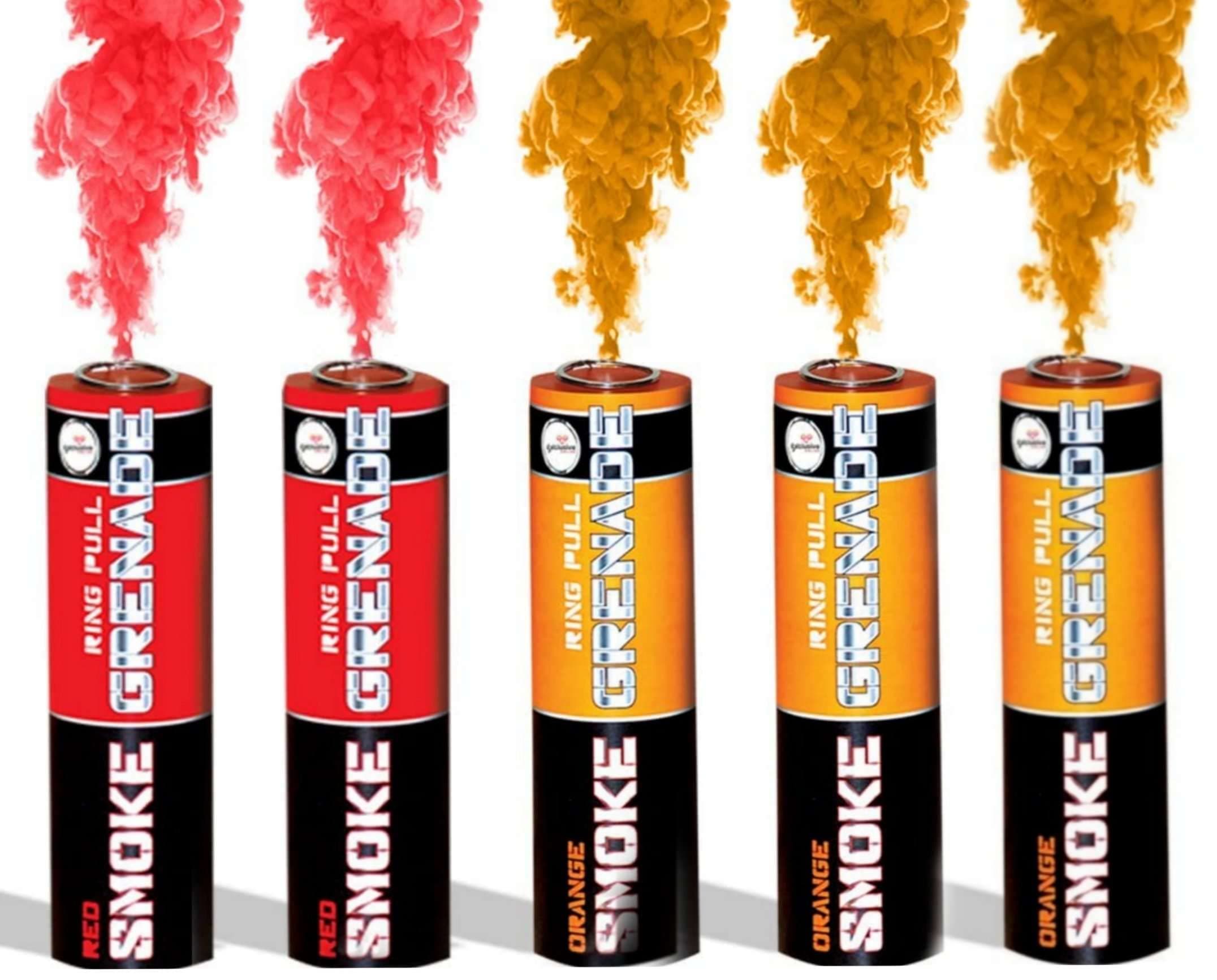 EXCLUSIVE ONLINE Pack of 5 Mixed Colour Ring Pull Smoke Grenades with Ideal for Paintball Weddings Photoshoots & Special Effects - 3 Orange & 2 Red