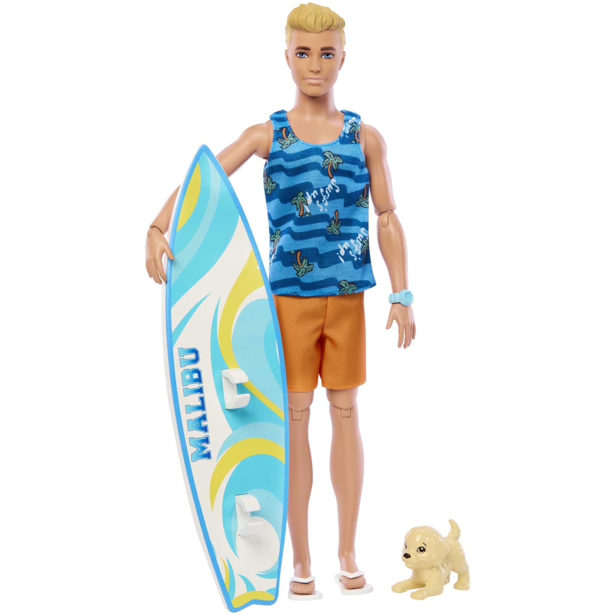 Ken Doll with Surfboard and Pet Puppy, Poseable Blonde Barbie Ken Beach Doll with Themed Accessories like Towel, HPT50