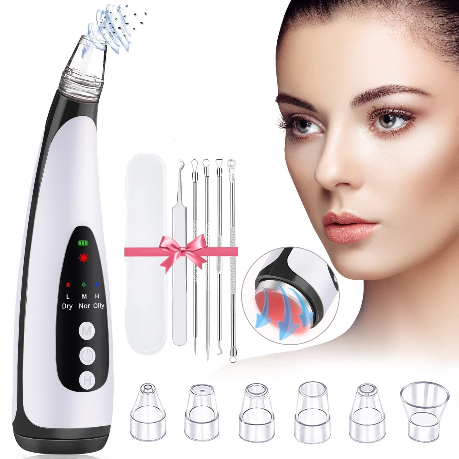 LIDOFIGO Blackhead Remover Vacuum, Blackhead Pore Vacuum Facial Pore Cleanser with Hot Compress/USB Rechargeable Blackhead Acne Extractor Removal Tool 3 Suction Levels 6 Probes
