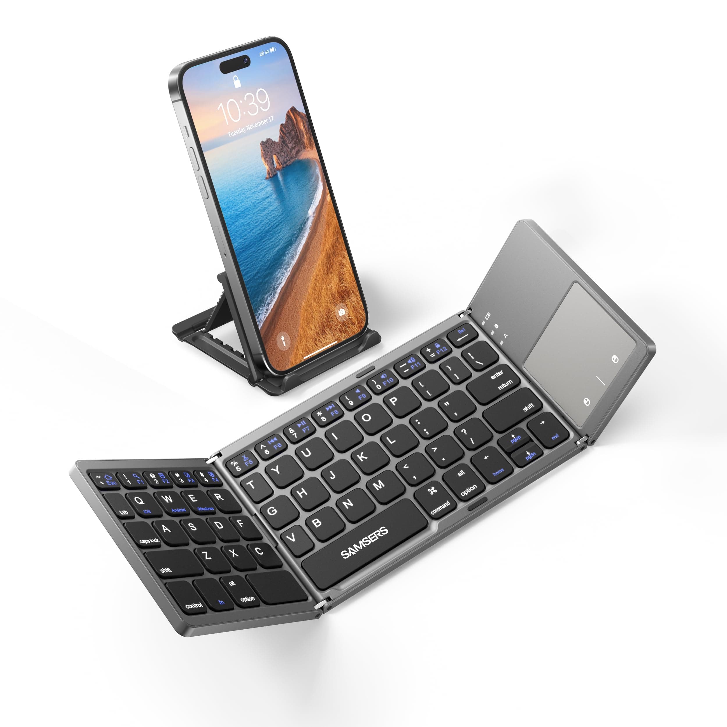Samsers Foldable Bluetooth Keyboard with Touchpad, Portable Wireless Keyboard with Stand Holder, Rechargeable Full Size Ultra Slim Pocket Folding Keyboards for Android Windows IOS Tablet & Laptop-Gray