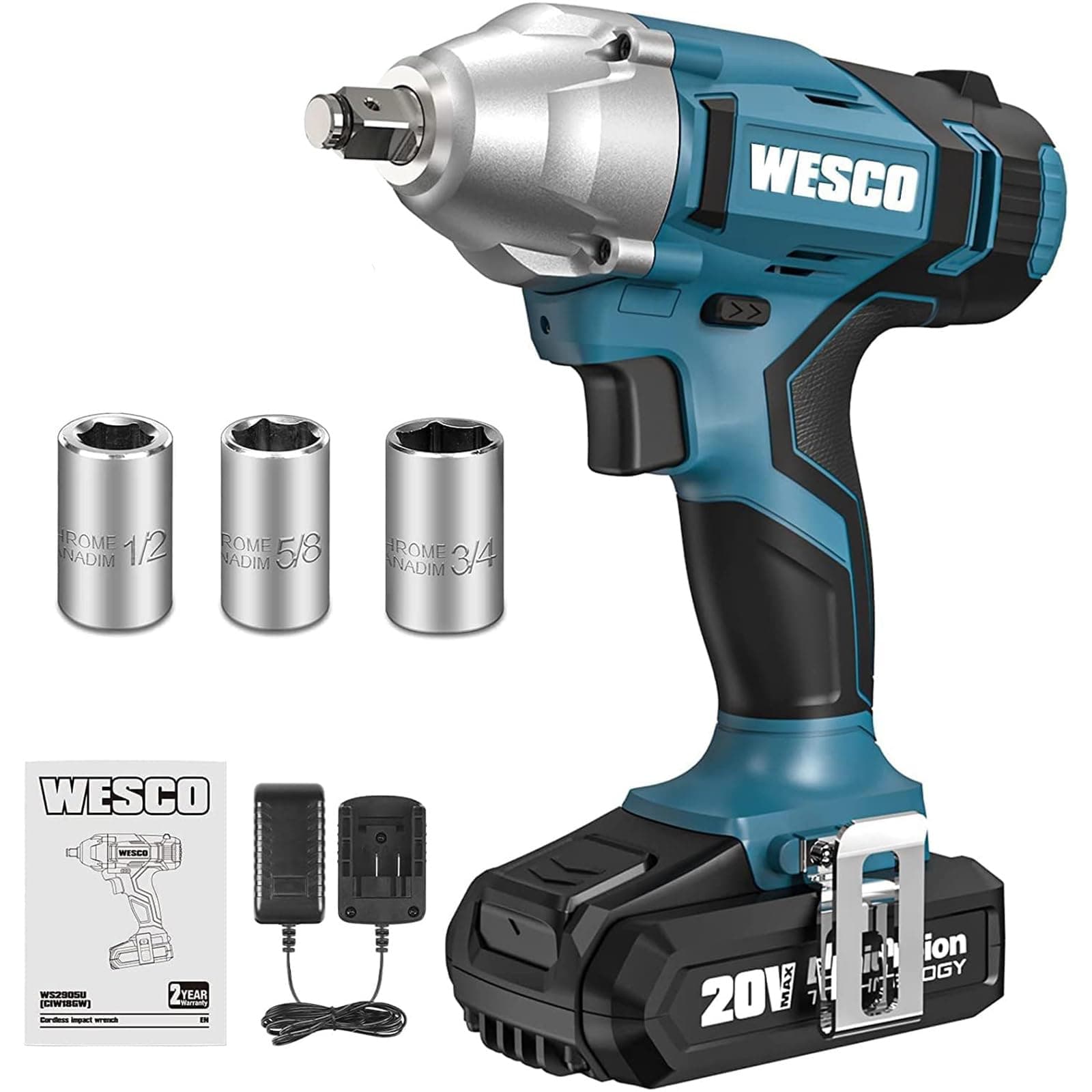 WESCO 20V 1/2" Cordless Impact Wrench, Max Torque 133.5 ft-lbs (180N.m), LED Light, 2.0Ah Battery, Fast Charger, 3 Sockets (1/2", 5/8" and 3/4")