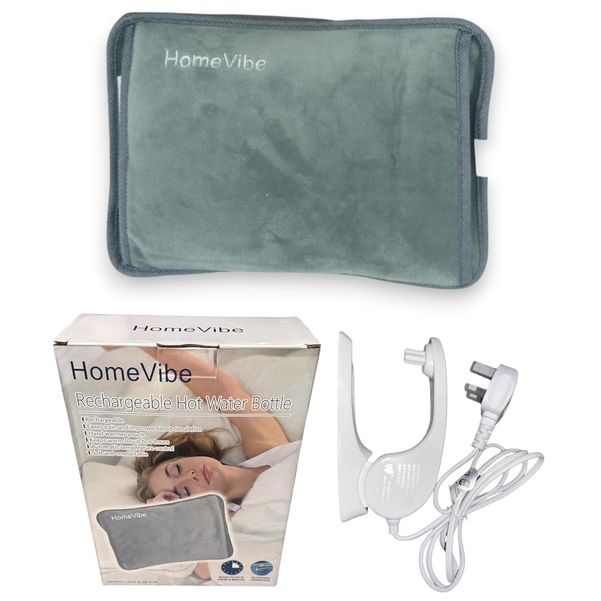 Ninonly HomeVibe Rechargeable Electric Hot Water Bottle Professional Soft Touch Fleece Cover Bed Hand Warmer Massaging Heat Pad, Grey