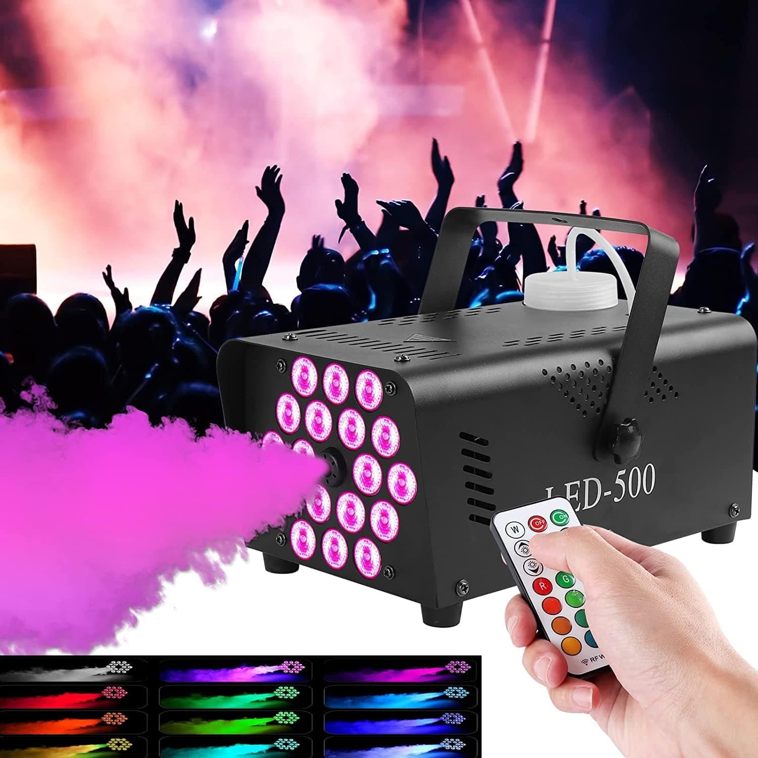 500W Fog Machine with 13 Colorful Lights Effect and18 LED light, Portable Smoke Machine 2000CFM Fog with 2 Wireless Remote Control, Automatic Outdoor Fog Machine Parties Wedding Halloween