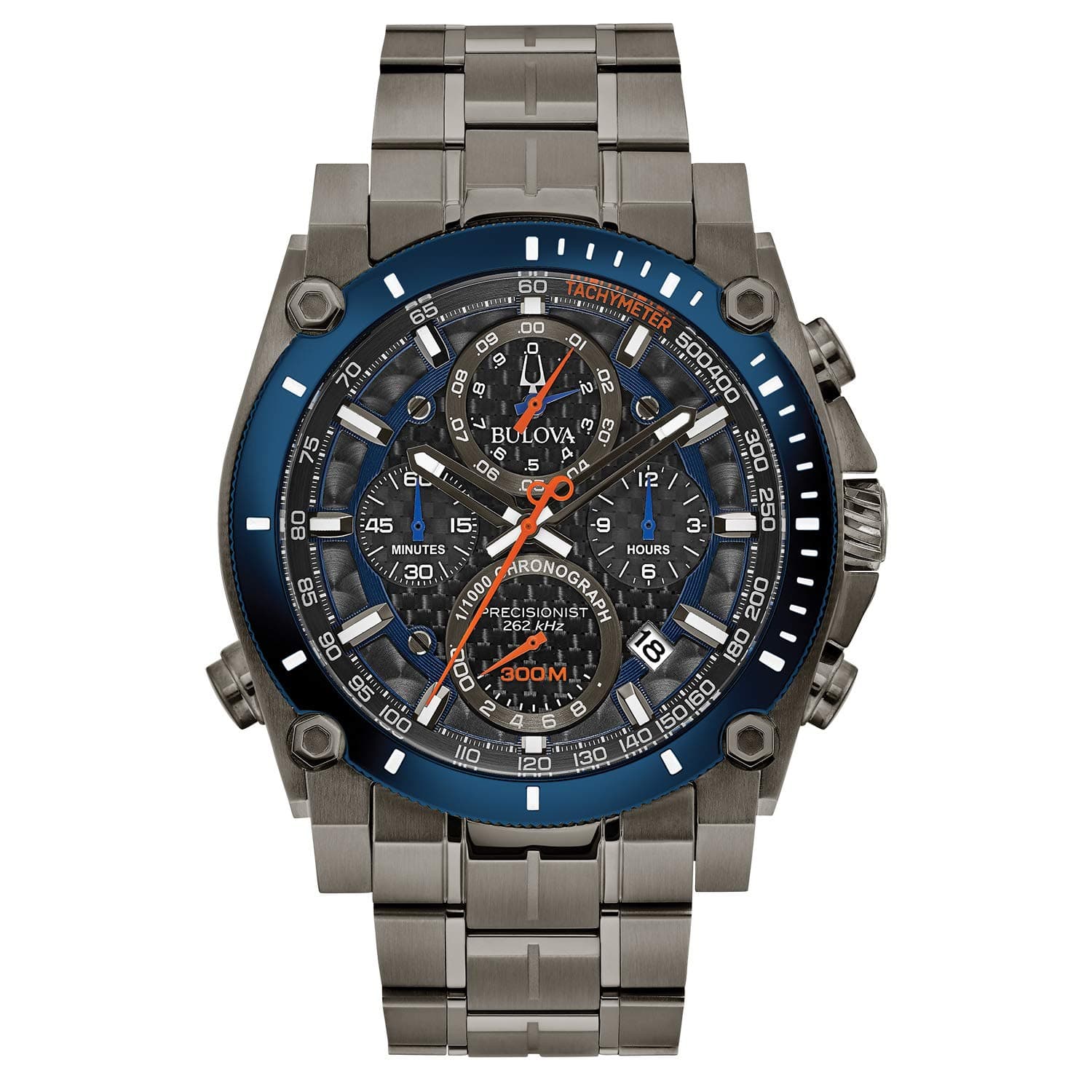 Men's Precisionist Gray Ion-Plated Stainless Steel 8-Hand Chronograph with Blue and Orange Accents Style: 98B343