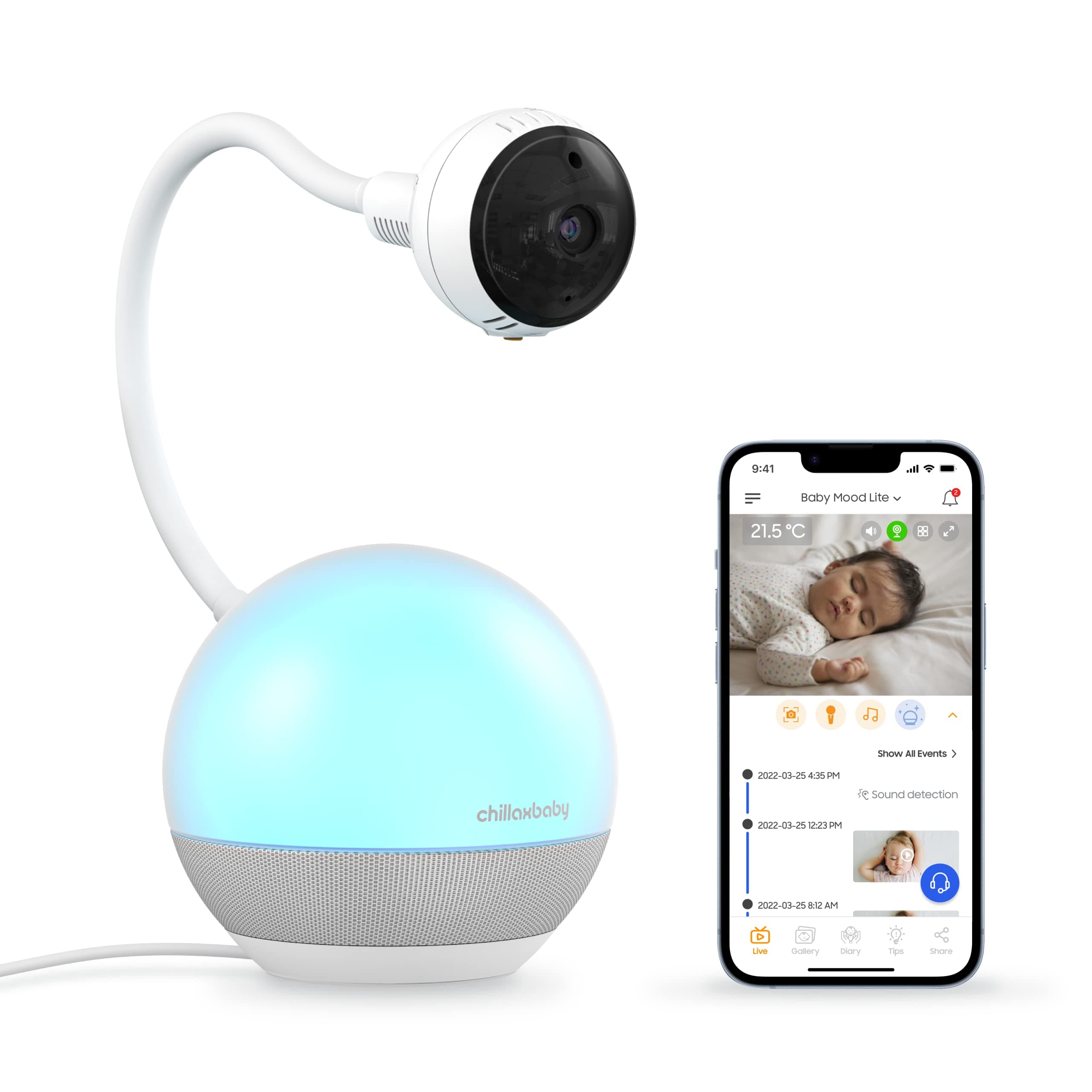 Chillax DM600 Baby Mood Lite - Smart Baby Monitor with HD Camera, Temperature Sensor - Sleep Monitor with Night Light, Soothing Sounds & Lullaby - Wi-Fi Remote Access, App-Compatible Device