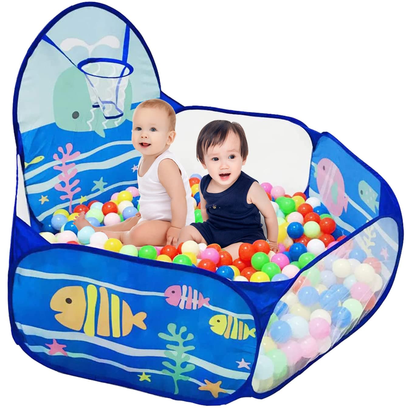 Kids Ball Pit, Pop Up 3+Children Play Tent, Toddler Ball Pool Baby Crawl Playpen with Basketball Hoop, Portable Toys for Girls Boys, 4 ft / 120 cm, Balls Not Included, Ocean