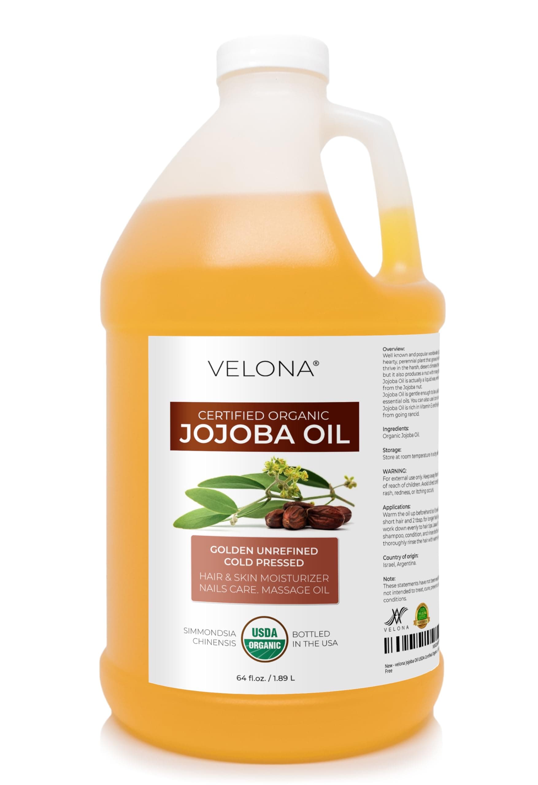velona Jojoba Oil USDA Certified Organic - 64 Fl Oz | 100% Pure and Natural Carrier Oil| Golden, Unrefined, Cold Pressed, Hexane Free