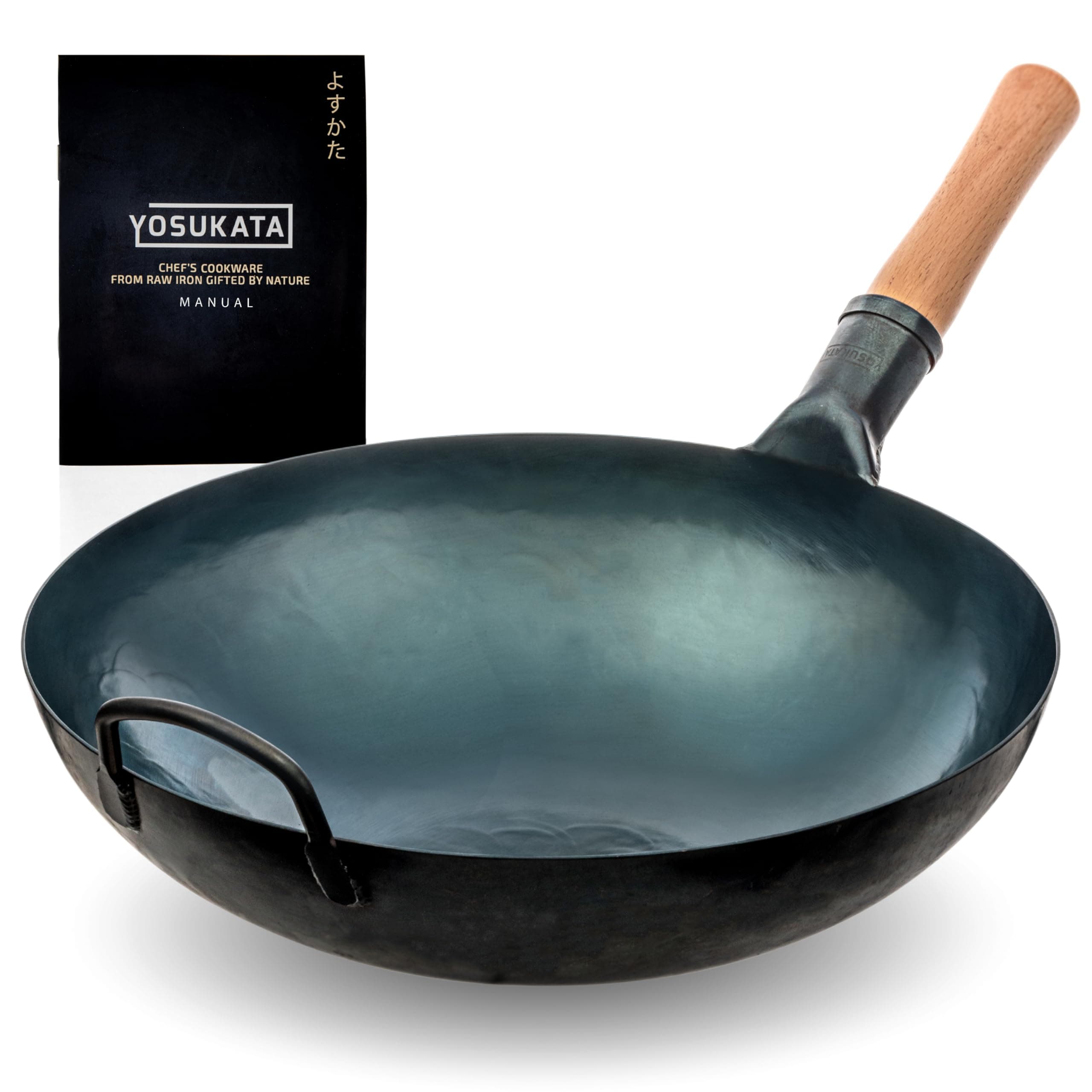 YOSUKATA 36 cm Round Bottom Carbon Steel Wok Pan – Blue Pre-Seasoned Pow Wok for Stir Fry, BBQ, Grill & Camping – Traditional Japanese & Chinese Cookware – Compatible with Gas Stoves & Open Fire Only