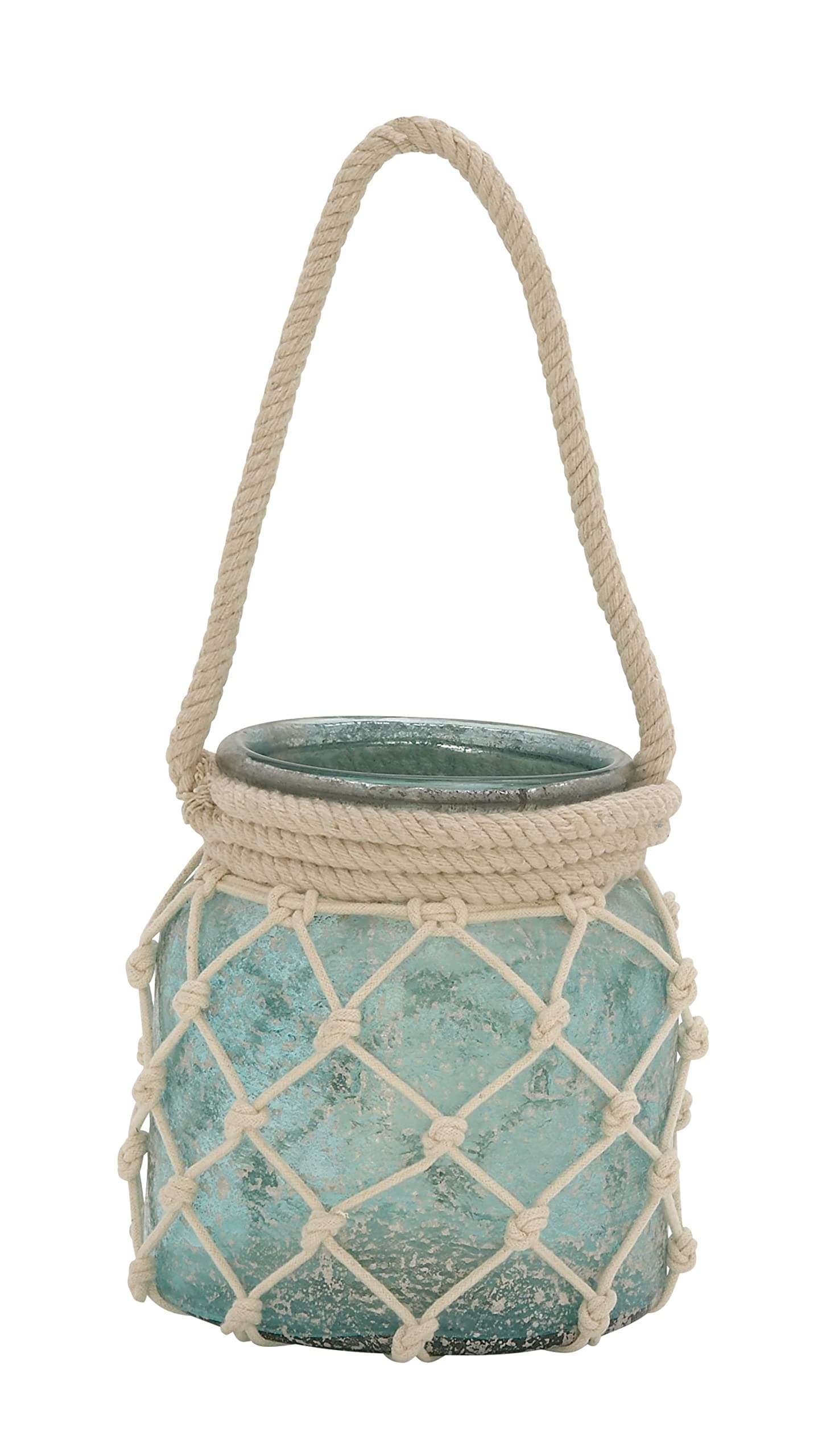 Deco 79 Glass Indoor Outdoor Candle Lantern Decorative Lantern Candle Holder with Rope Handle, Lantern 7" x 7" x 15", Blue