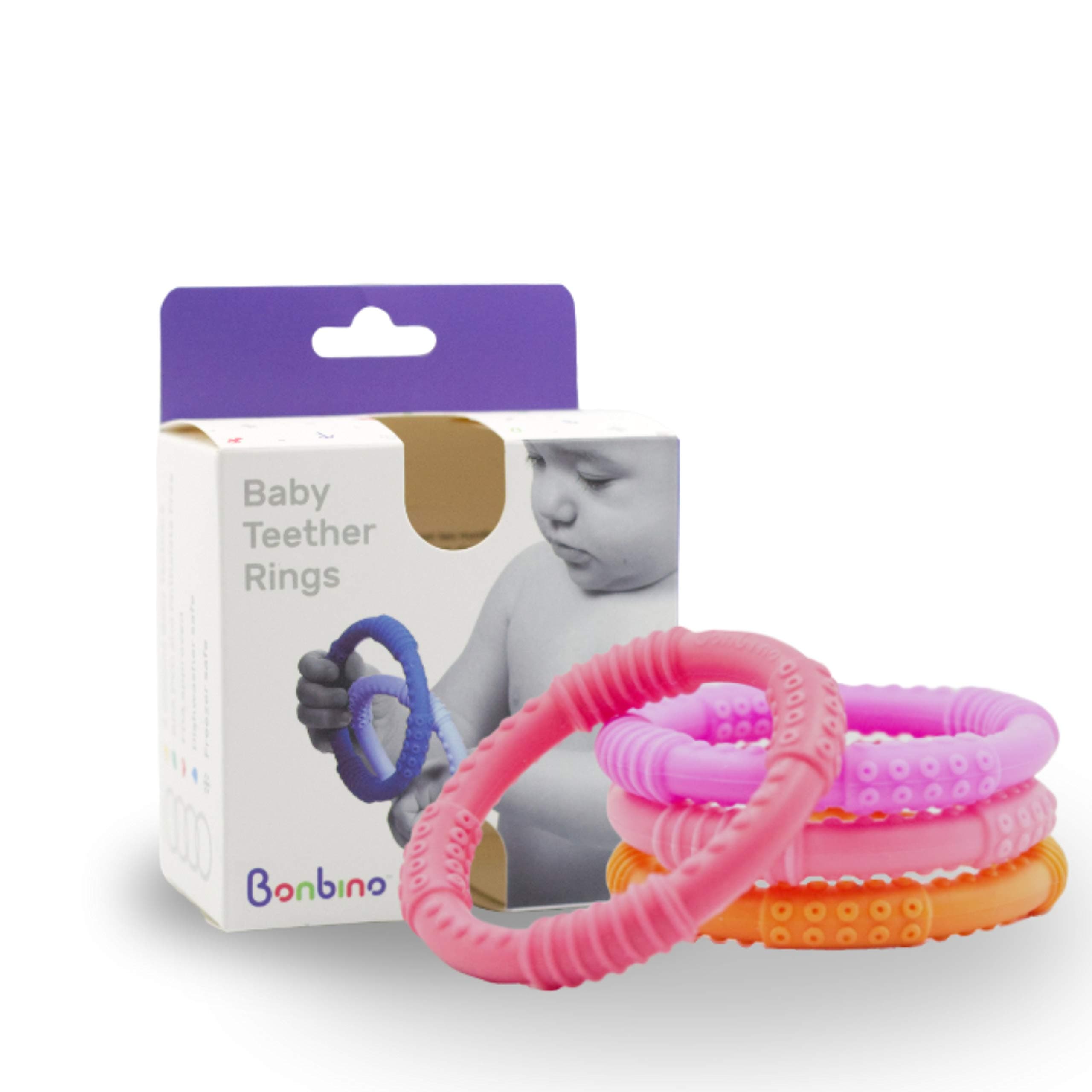 Bonbino™ Teether Rings - (4 Pack) Silicone Sensory Teething Rings - Soothes Baby Gum Pain! (Pinks and Oranges)