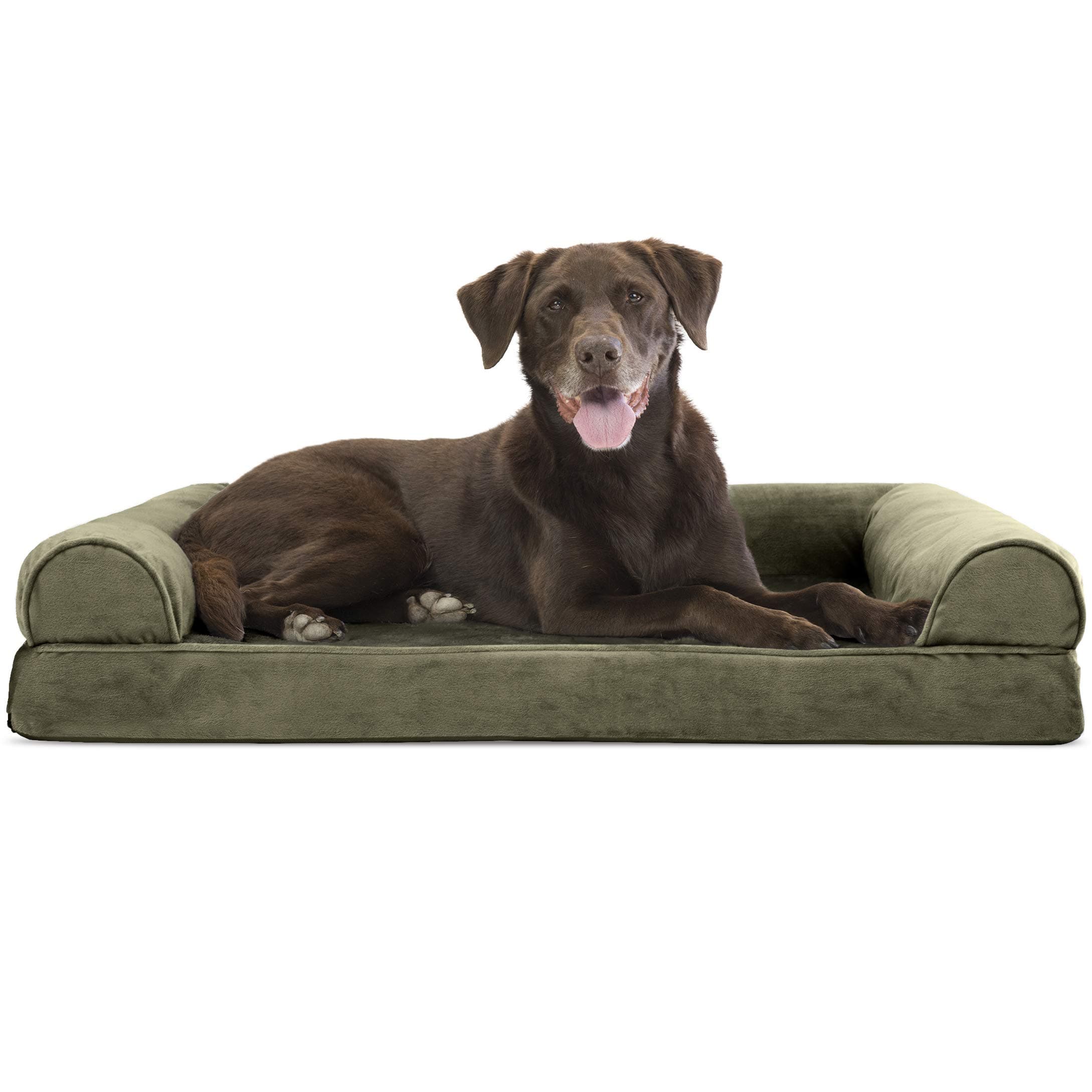 Furhaven Large Orthopedic Dog Bed Faux Fur & Velvet Sofa-Style w/Removable Washable Cover - Dark Sage, Large