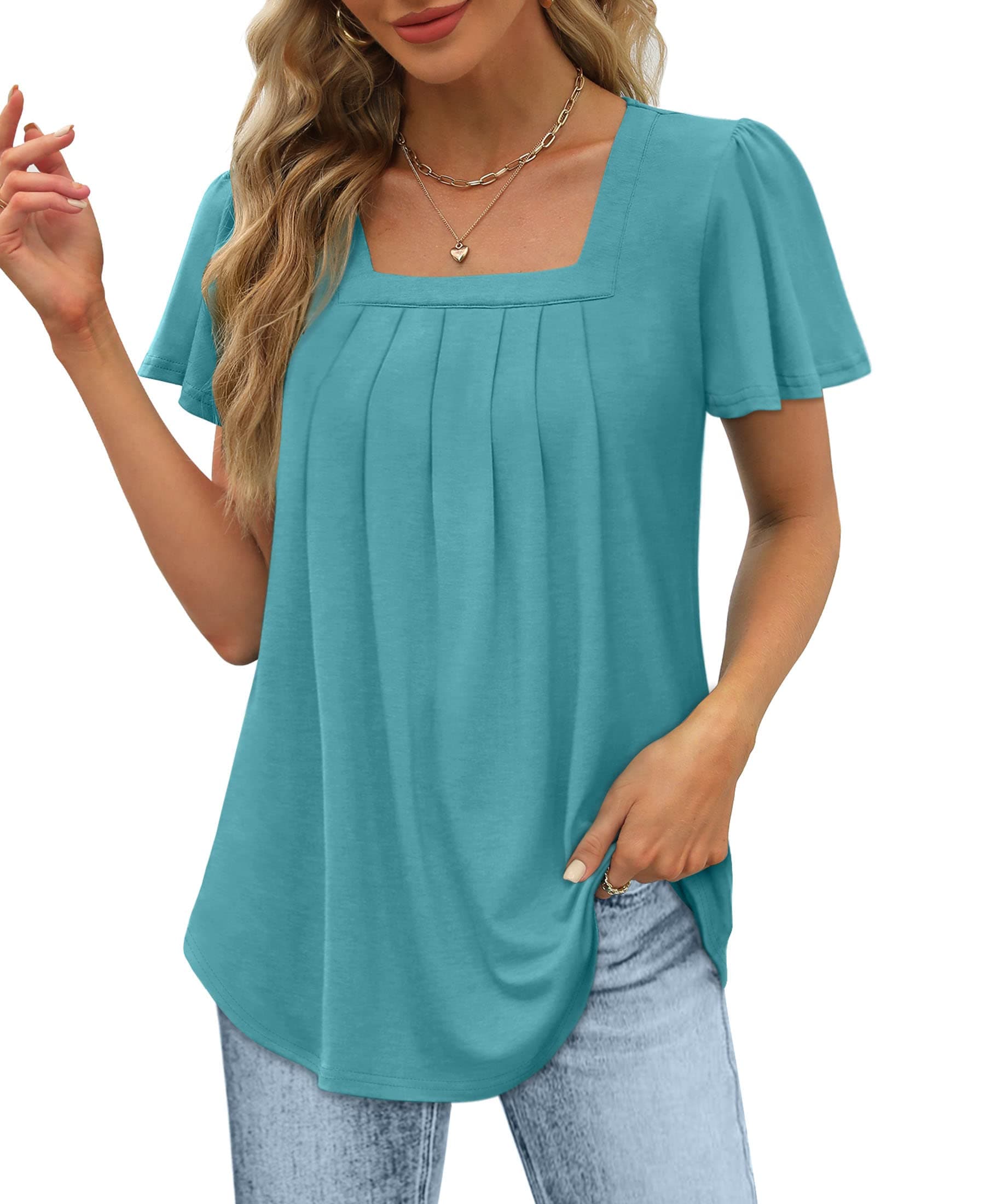OFEEFANWomens Ruffle Sleeve Tops Square Neck Pleated Front T Shirts Loose Curved Hem Casual Summer Tunic S-3XL