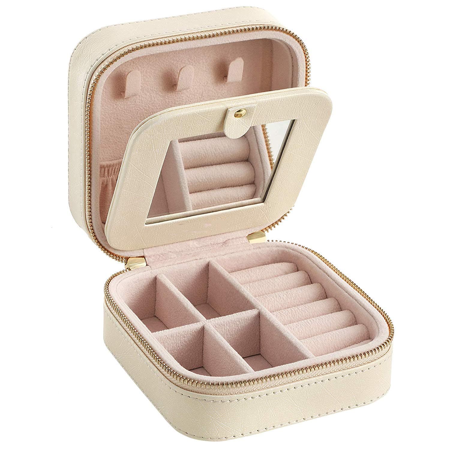 LHZTZKA Small Travel Jewellery Case with Mirror and Double Zipper for Rings Earrings Bracelets Necklaces, Beige