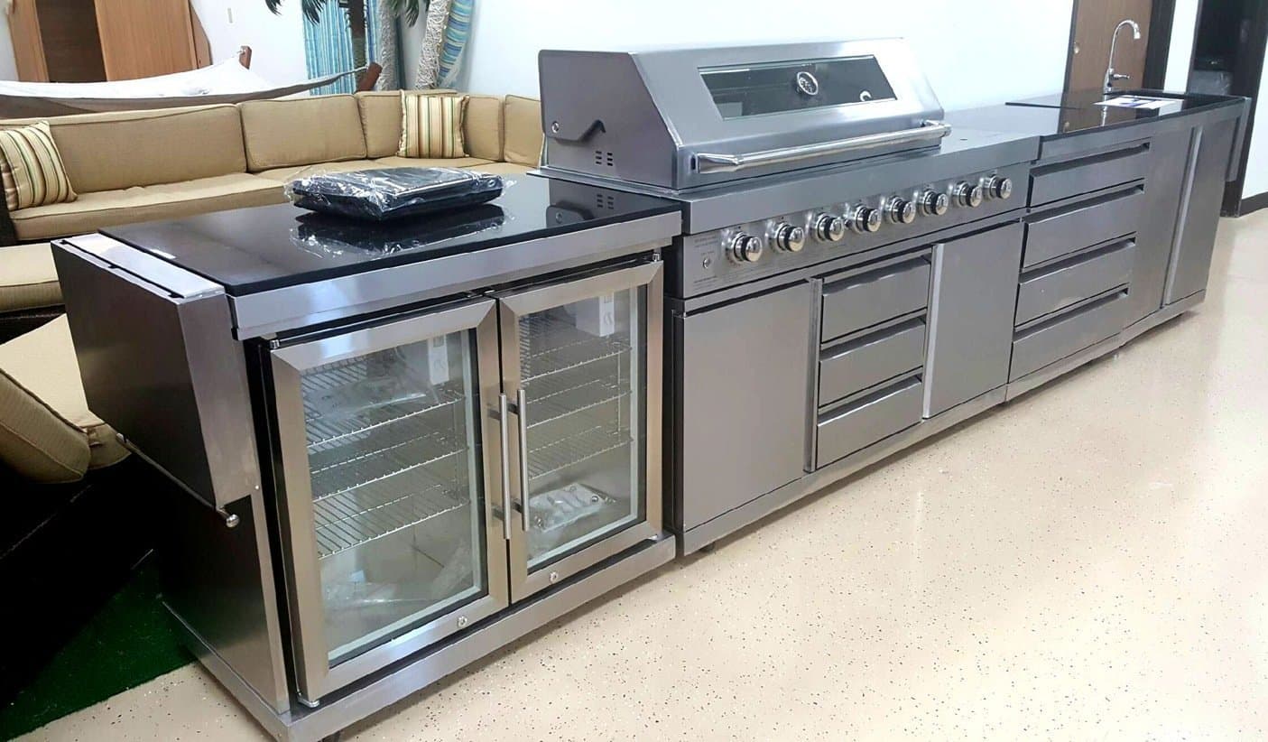 5 Piece Stainless Steel Outdoor Modular Island BBQ Grill Kitchen w/ Beverage Cooler + Sink, Black Marble Counter Tops, Rotisserie, Black Protective Canvas Grill Cover