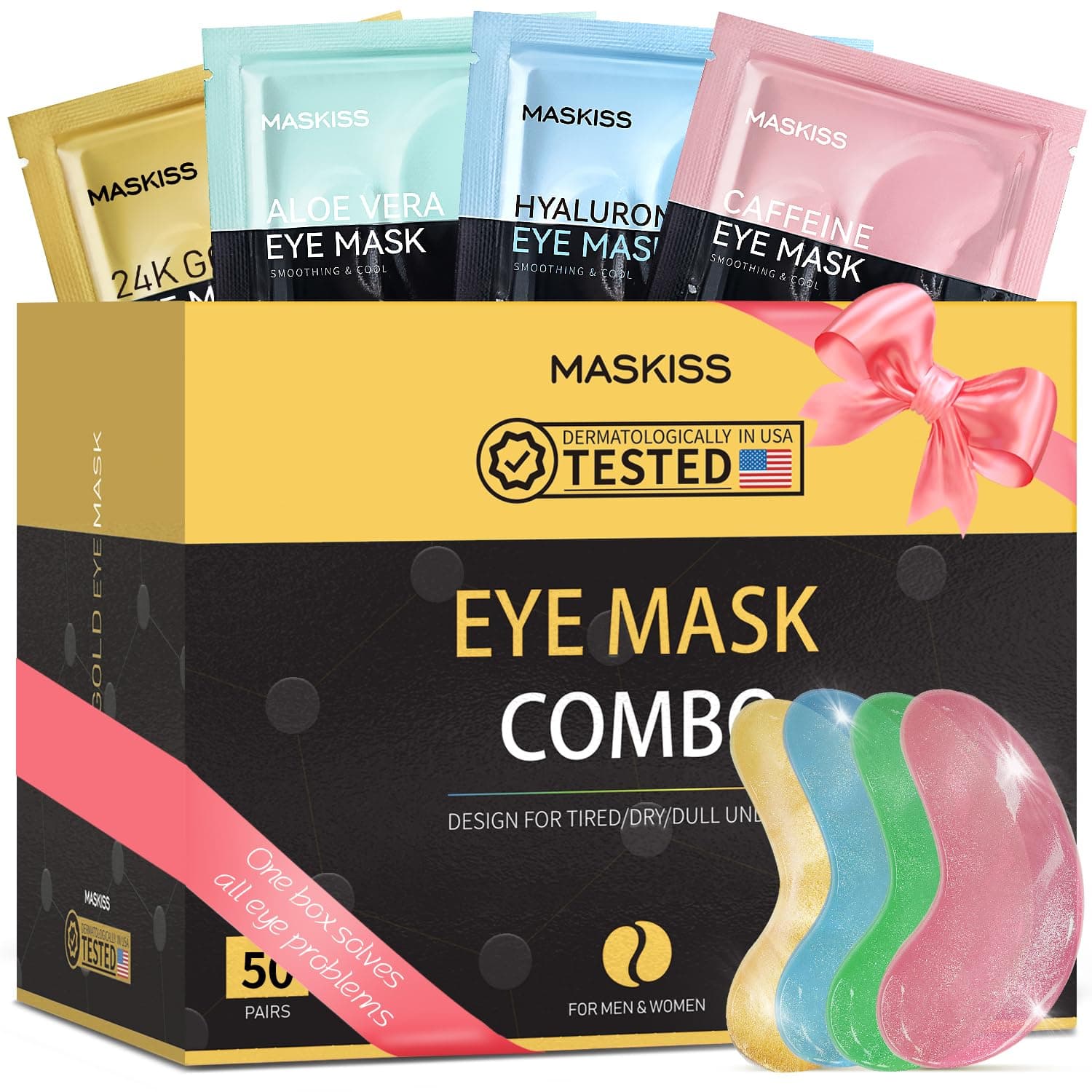 Maskiss Under Eye Patches(50 Pairs), 24K Gold, Caffeine, Hyaluronic Acid, Aloe Vera Eye Masks for Dark Circles Puffy Eyes Undereye Bags, Eye Skin Care Gift Set for Bachelorette Party Favors