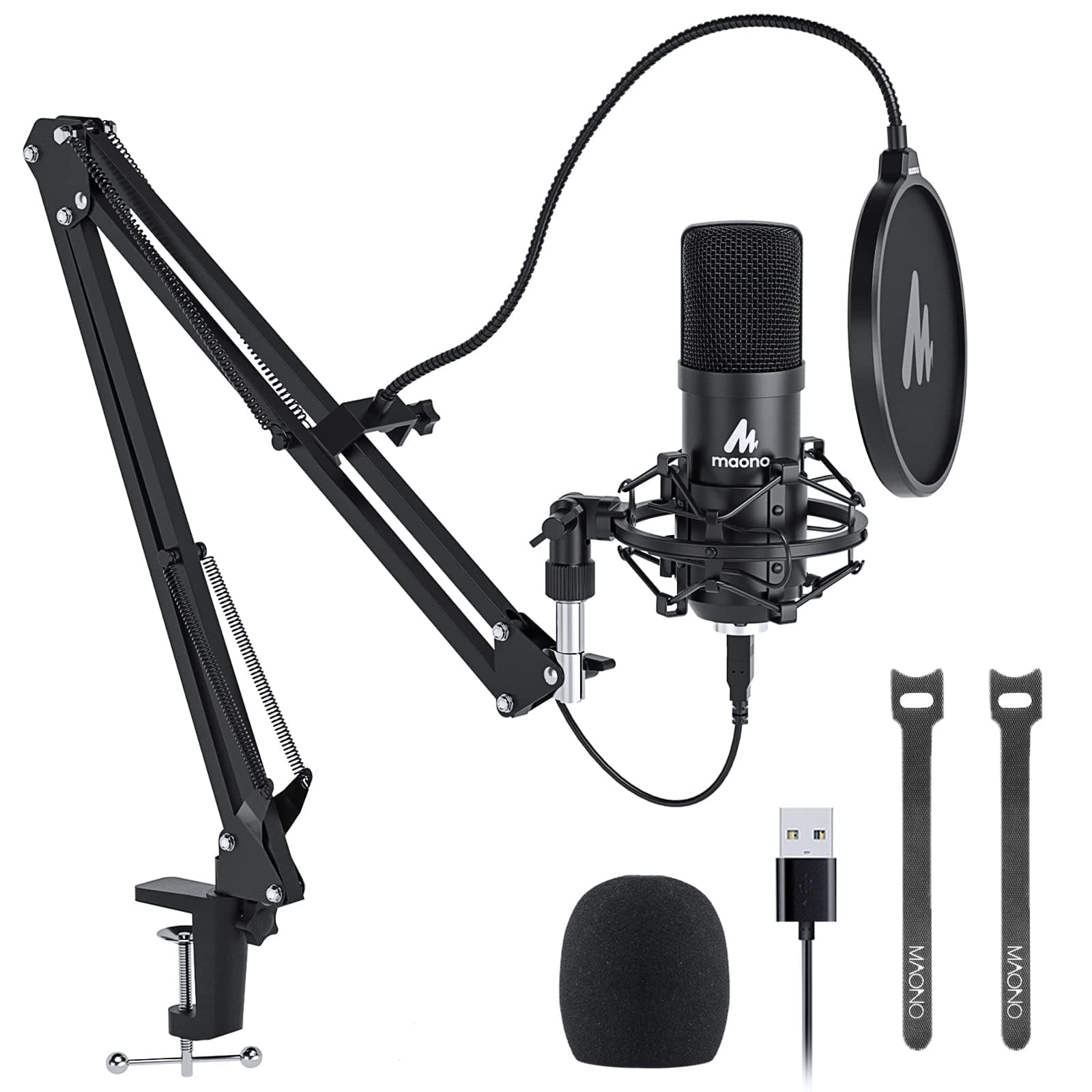 MAONO USB Microphone Condenser, Microphone, PC Microphone Set, Microphone Stand with Arm Stand Included, Recording, Live Broadcast, YouTube, Game Commentary, Work from Home AU-A04