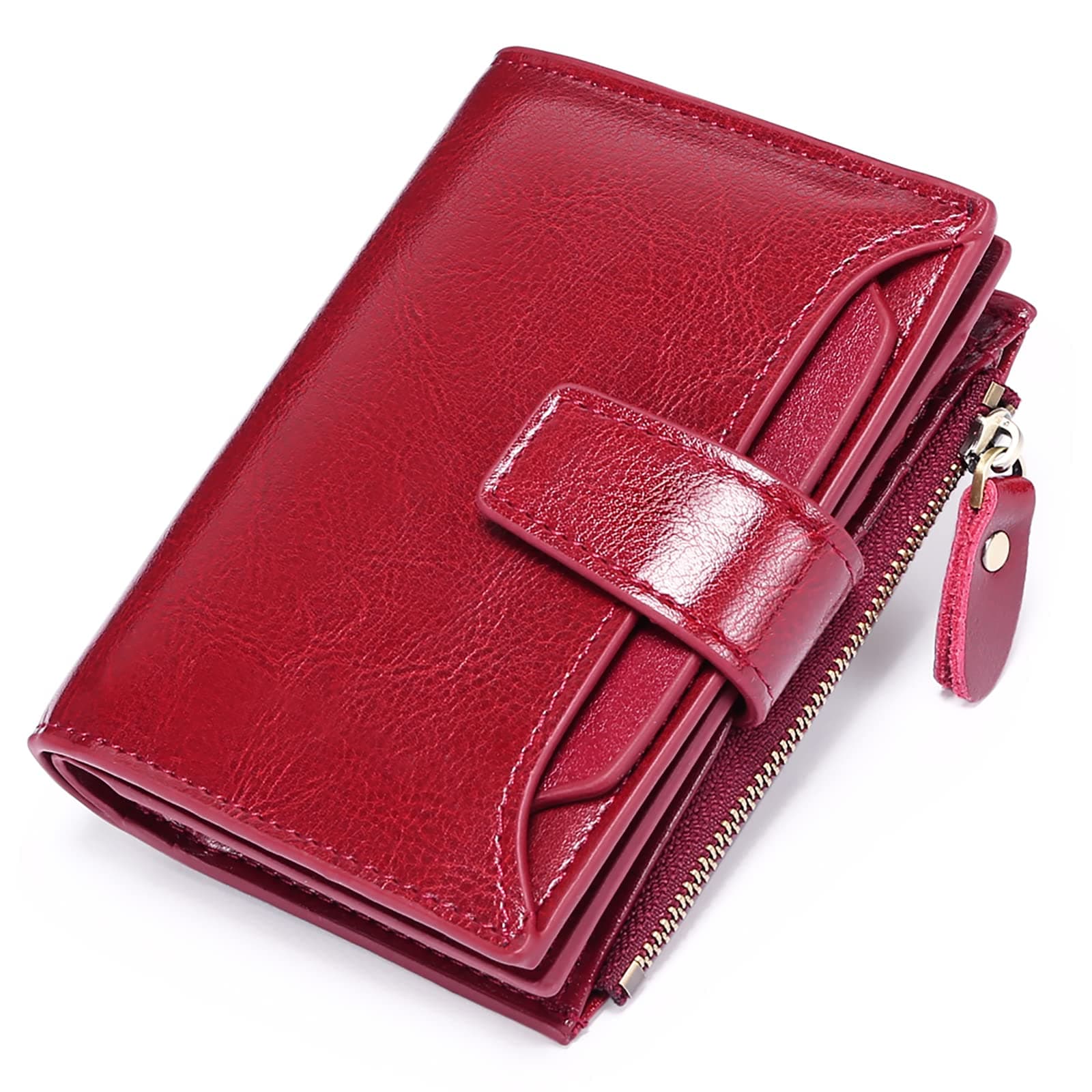 Women's RFID Blocking Leather Small Compact Bi-fold Zipper Pocket Wallet Card Case Purse with ID Window
