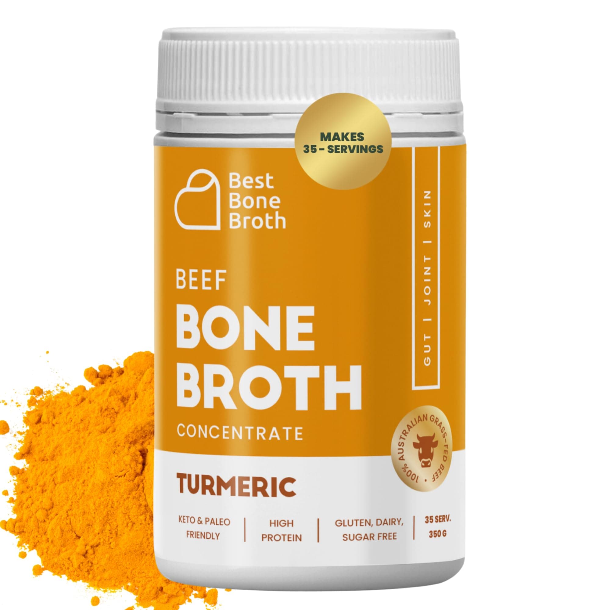 BEEF BONE BROTH CONCENTRATE Turmeric Flavor Grass Fed - Made from Australian Cattle - full of protein & collagen | 35 servings/ 2.25 GL of broth | Just add water | Keto & Paleo Friendly | Sippable