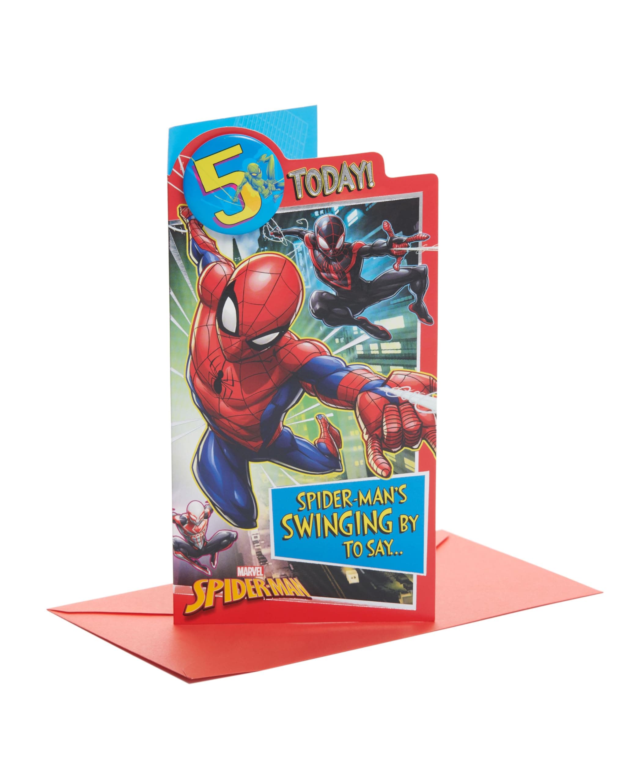 UK Greetings | Marvel 5th Birthday Card For Him/Boy | Happy Birthday Gifts | Him, Boys, Men | Spiderman Design | With Badge & Envelope | 127 x 235 mm