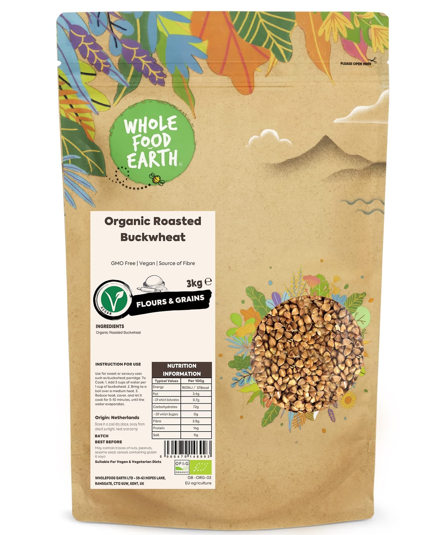Wholefood Earth Organic Roasted Buckwheat – 3 kg | GMO Free | Vegan | Source of Fibre | Certified Organic