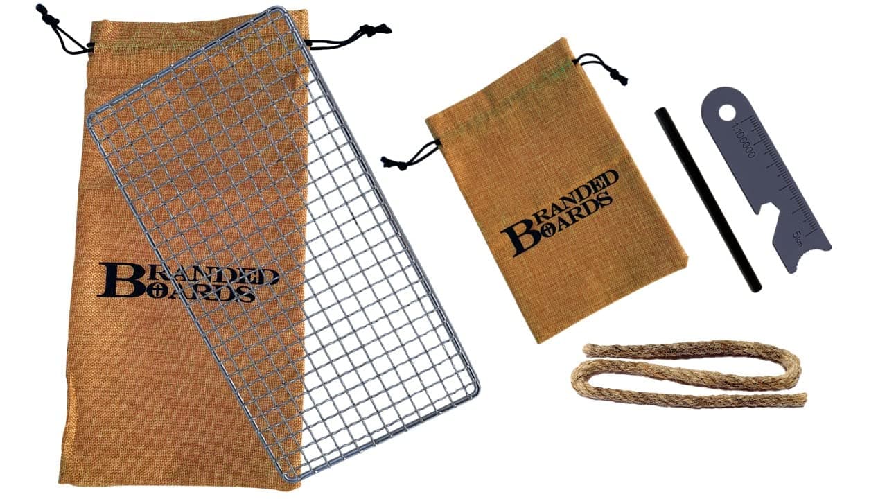 Portable Bushcraft Stainless BBQ Cooking Grill Grate, Bamboo Cutting Board, Burlap Bag, Mini Knife, Fire Starter Kits. Camping, Campfires, Backpacking, Hunting & Fishing Gear