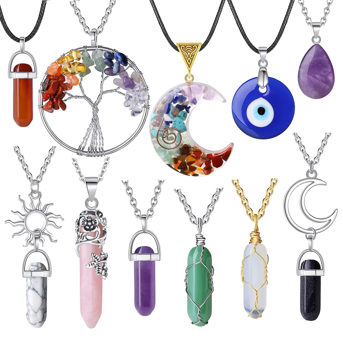 Crystal Necklaces for Women Crystal Pendant Necklaces Costume Jewellery for Women Ladies Necklaces Evil Eye Tree of Life Chakra Moon Sun Necklace Goth Witch Necklace Jewellery