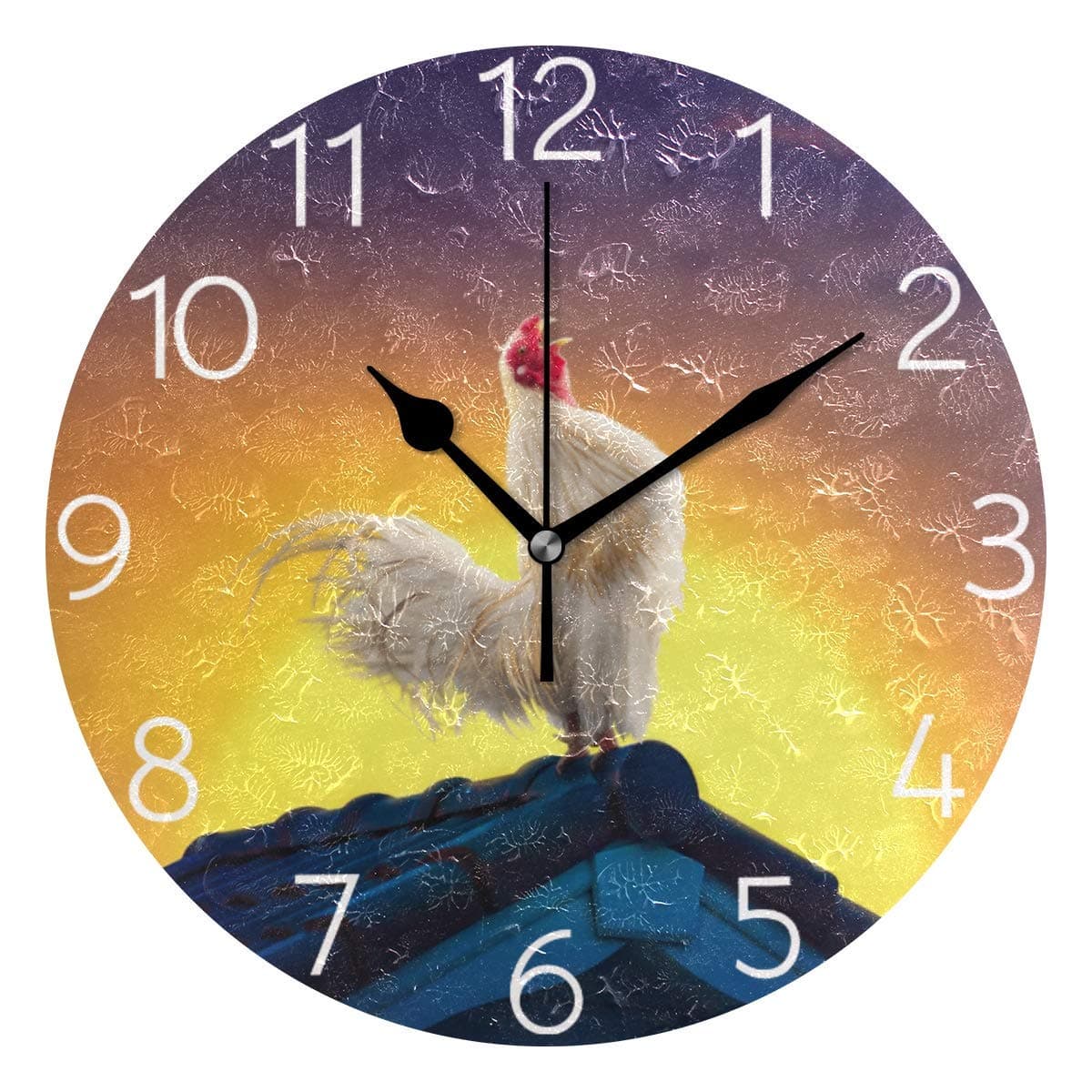 Promini Beautiful Sunrise Sky White Rooster Chicken Cock Wooden Wall Clock 15inch Silent Battery Operated Non Ticking Wall Clock Vintage Wall Decor for Kitchen, Living Room, Bedroom, School, or Office
