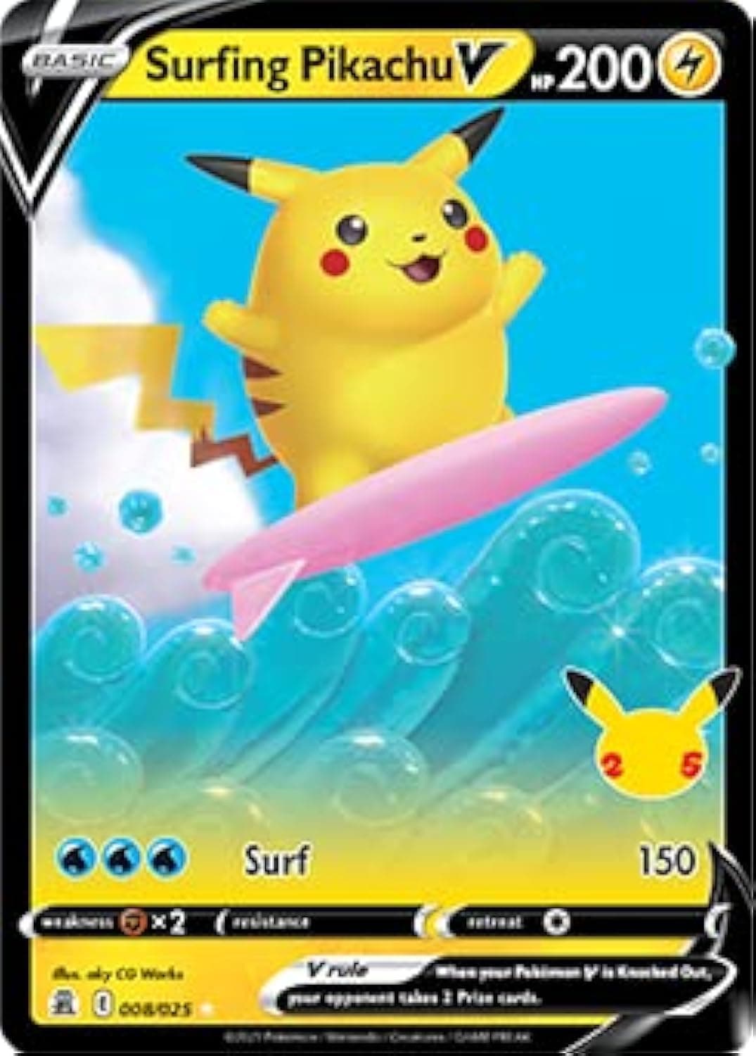 Pokémon Celebrations Surfing Pikachu V, 25th Anniversary Full Art Rare Holo + Surprise Card!