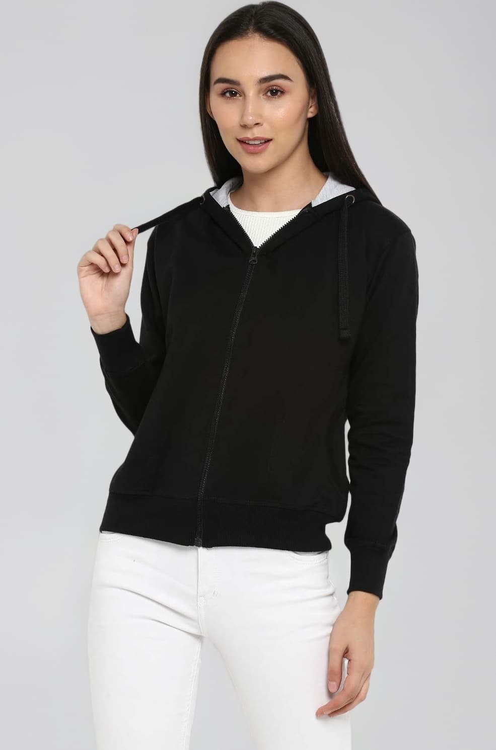 Women's Solid Zipper Hooded Sweatshirt | Front Zip, Ribbed Hem, Lined Hood, Casual Winter Wear
