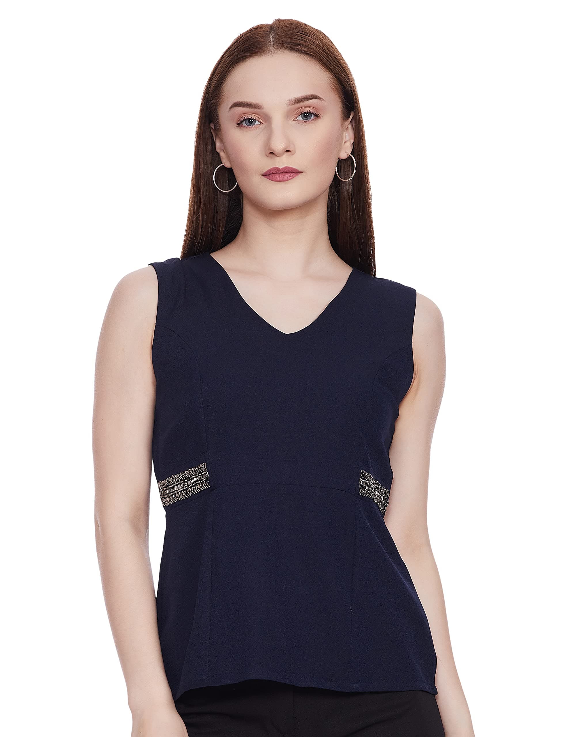 FabAlley Navy Embellished Peplum Top Sleeveless Party Wear