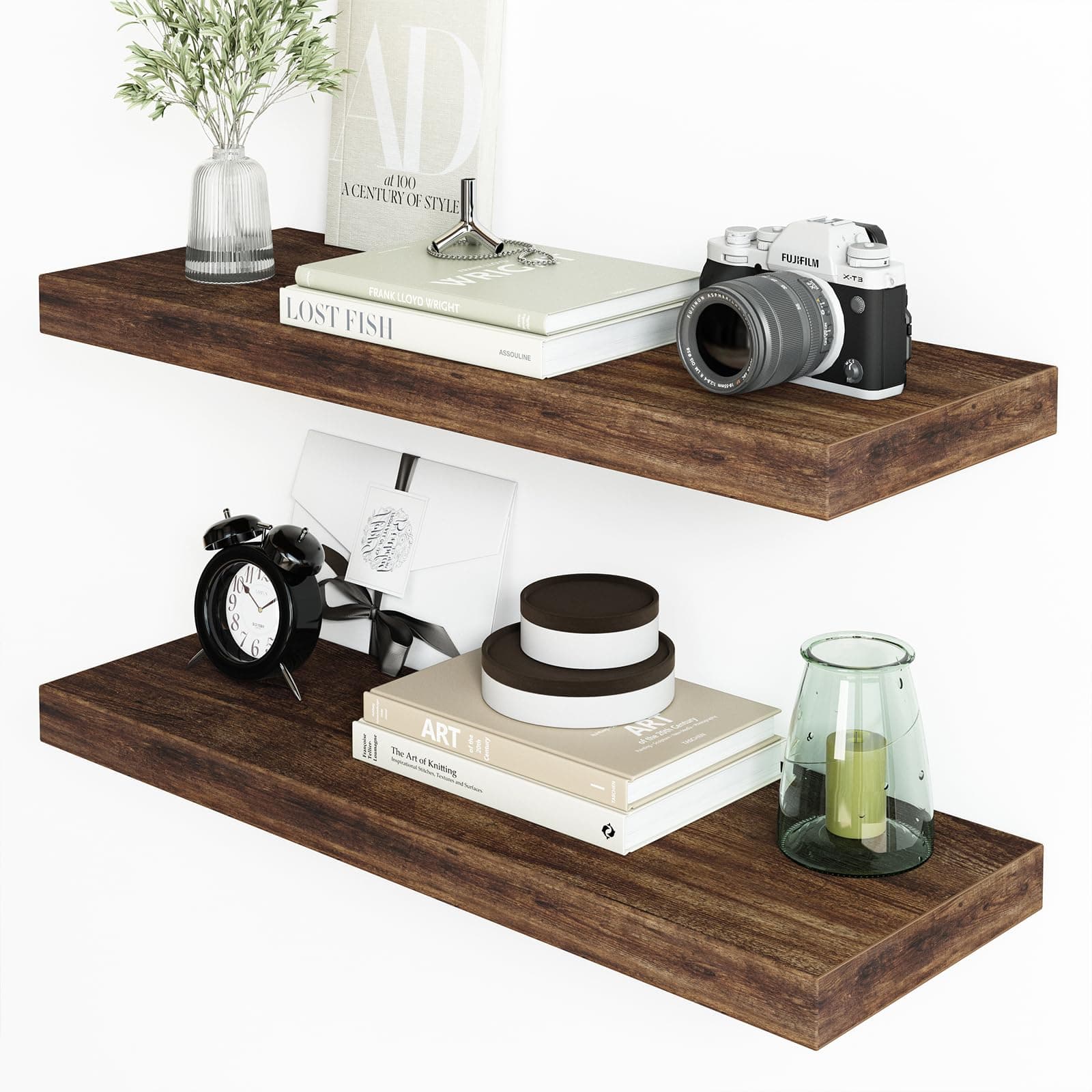 Fixwal 24in Floating Shelves for Wall, Rustic Brown Shelves Wall Mounted Shelf with Invisible Bracket for Bathroom, Living Room, Bedroom, Kitchen, Office Decor (2 Pack)
