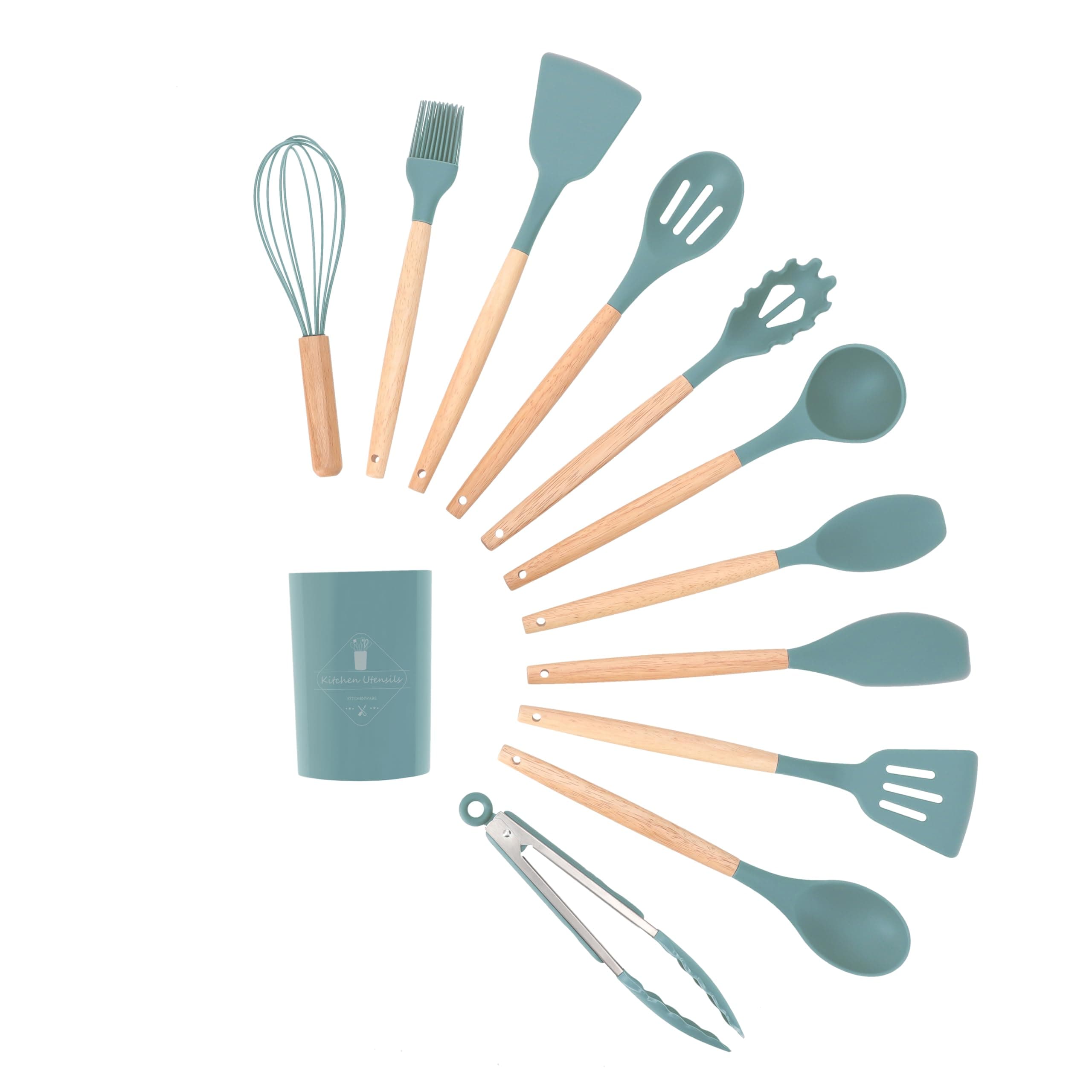 CHEFICOO Kitchen Cooking Utensils Set, 11 pcs Silicone Cooking Kitchen Utensils Spatula Set with Holder, Non-stick Heat Resistant, Wooden Handle Silicone Kitchen Gadgets Utensil Set Green