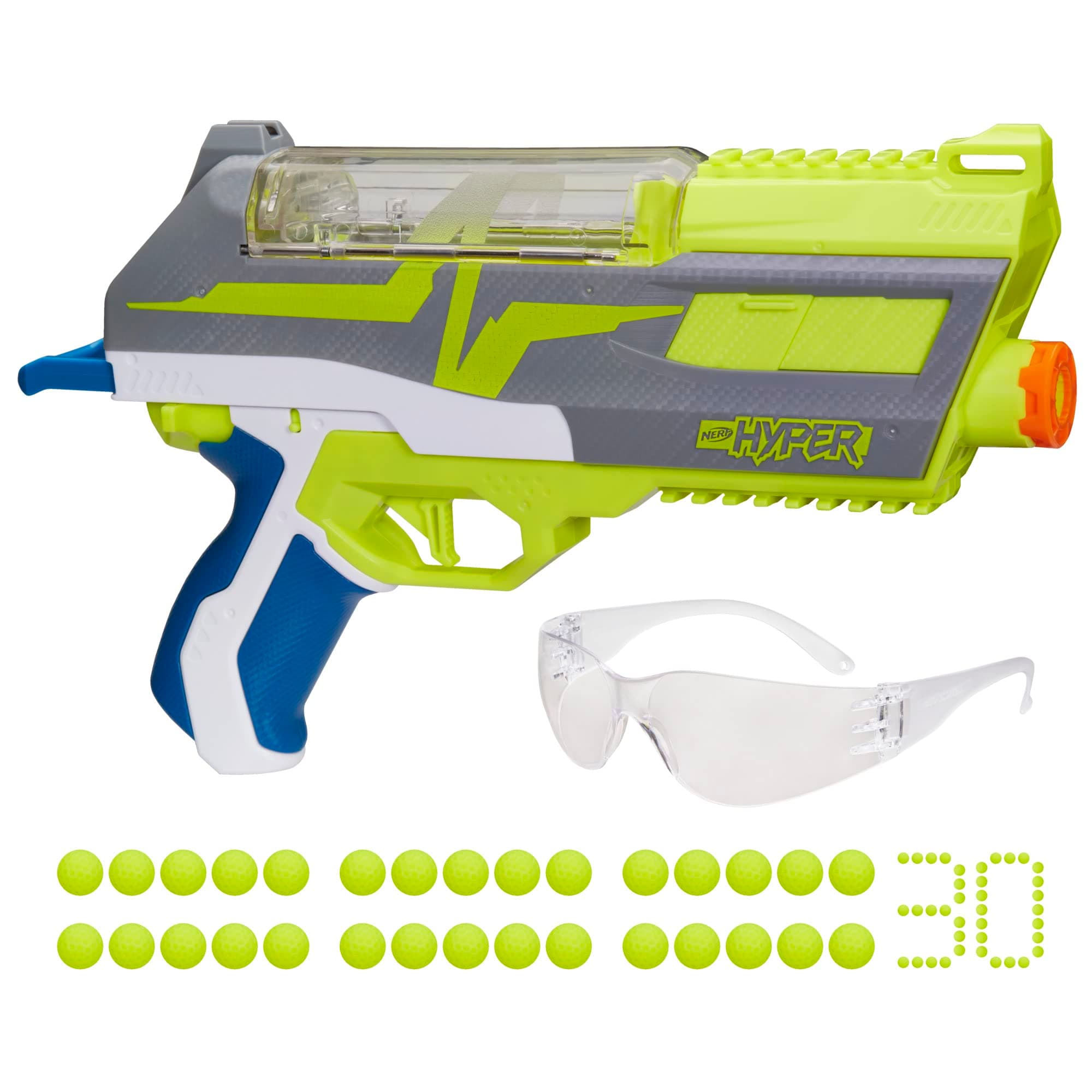 Hyper Impulse-40 Blaster, Spring-Open Instant Reload Hopper, Up to 110 FPS Velocity, 30 Nerf Hyper Rounds, Eyewear Included