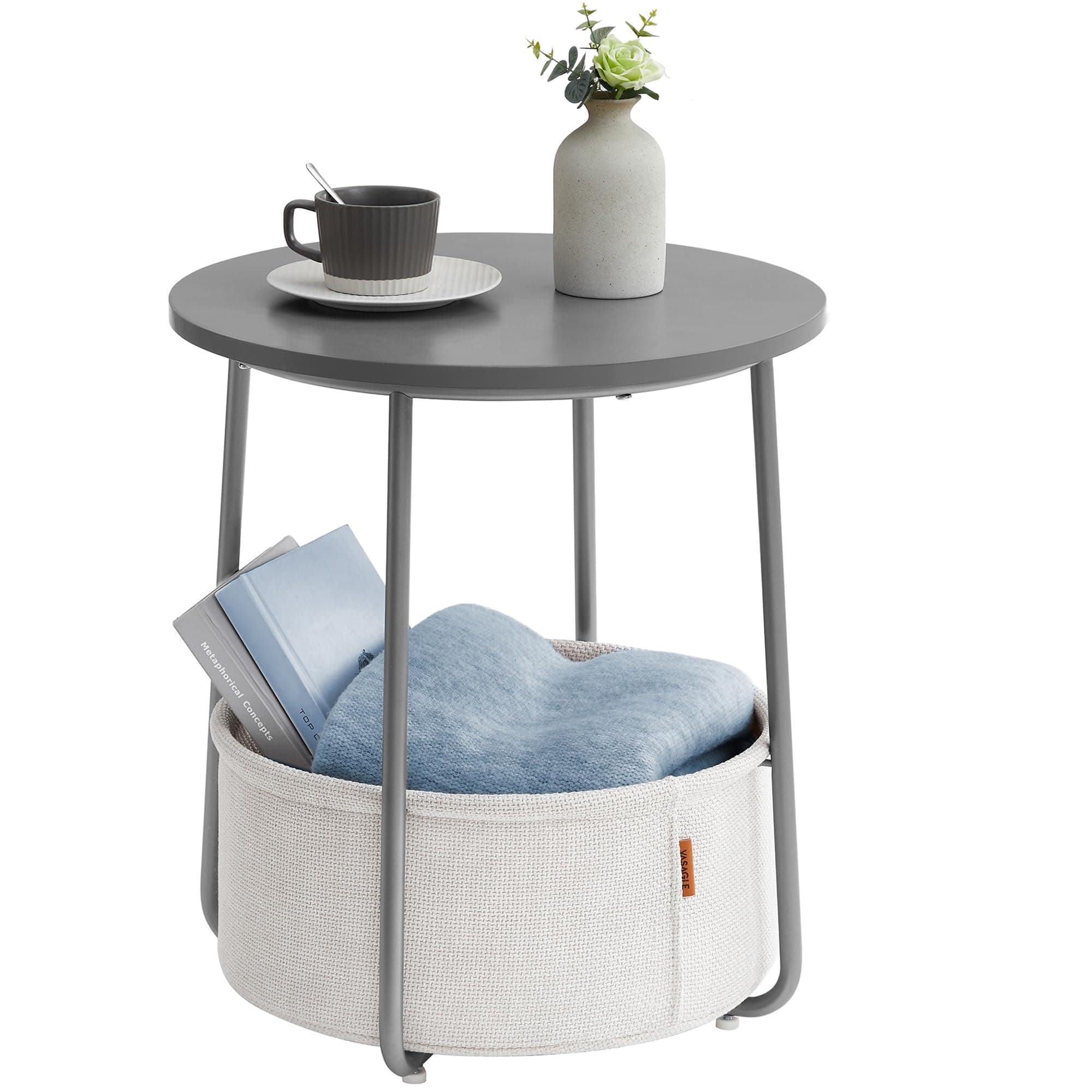 VASAGLE Small Round Side End Table, Modern Nightstand with Fabric Basket, Gray