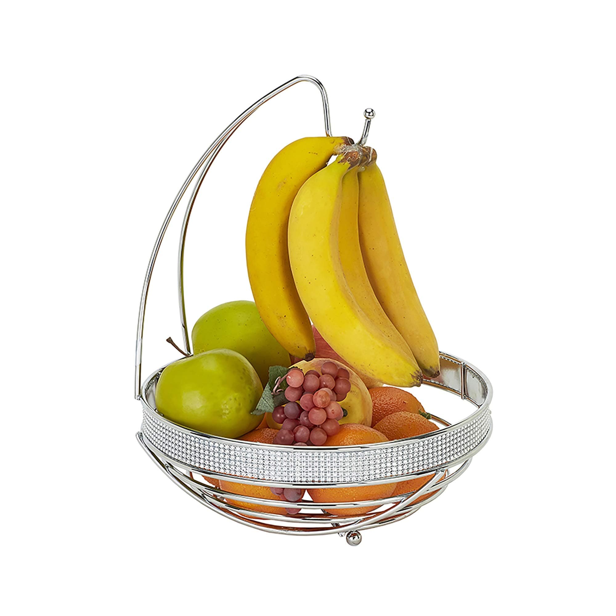 Kitchen Details Round Basket with Banana Tree Hanger, Countertop, Holds and Displays Fruits, Vegetables & Baked Goods, Pantry Storage & Organization, Pave Diamond Design Collection, Chrome (22910-CHR)