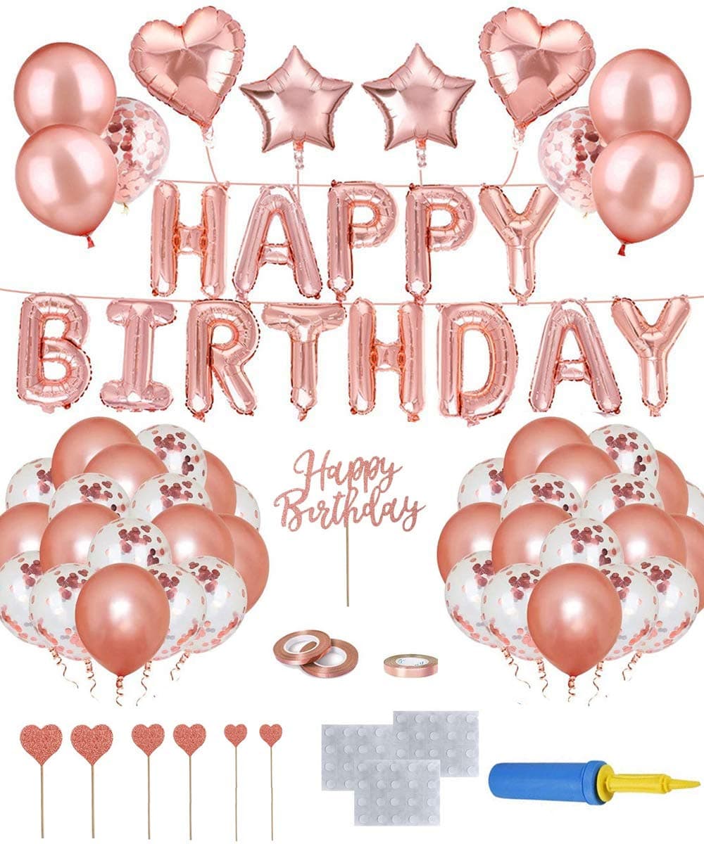 ACHAS Rose Gold Party Supplies, Birthday Decoration With Happy Banner, Swirls, Cake Cupcake Topper, Heart Star Foil Confetti Balloons for Girl Women Party