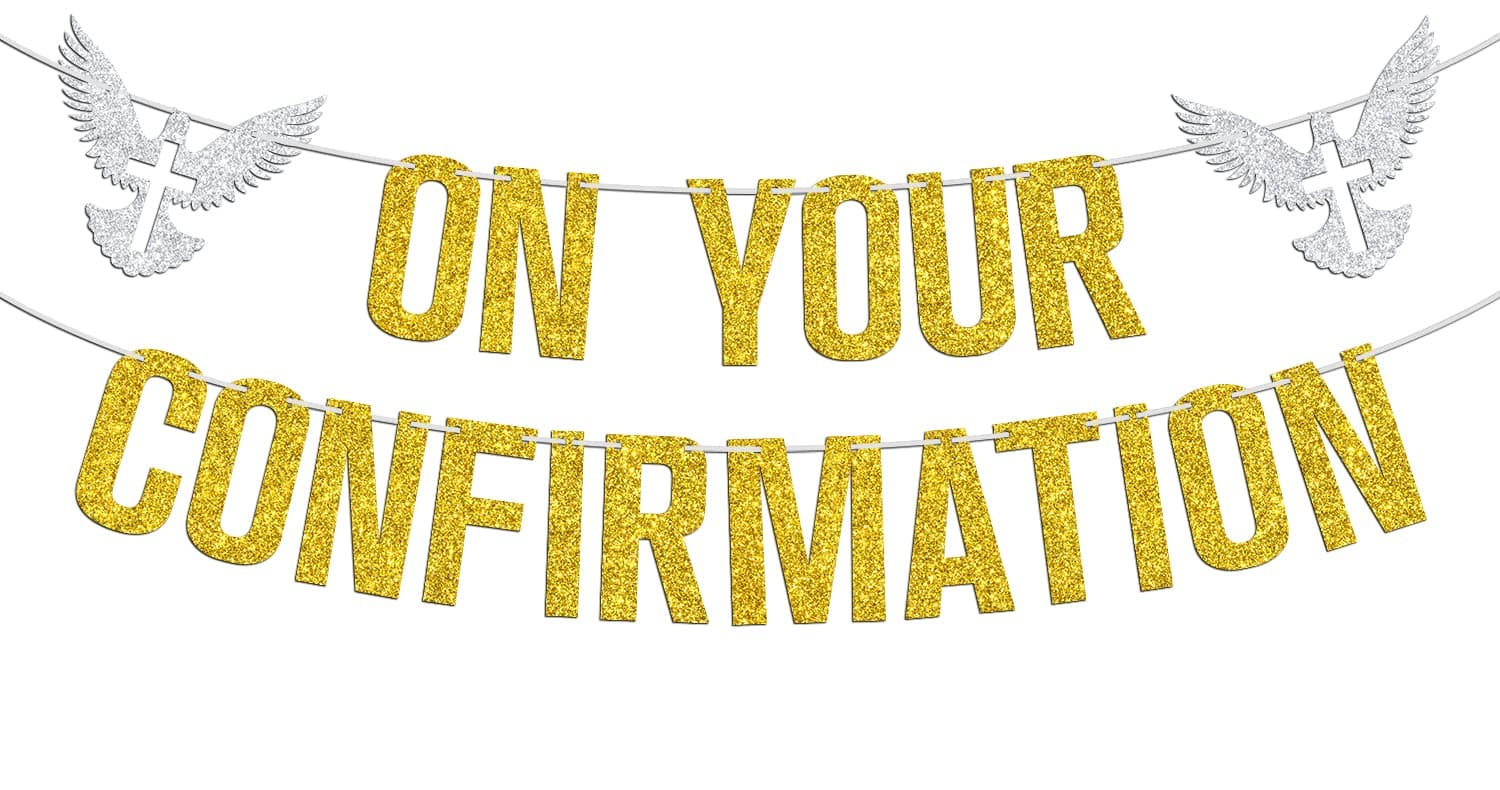 On Your Confirmation Banner, Christening Baby Shower / 1st Religious Baptism Bunting Sign - Bridal Shower, Engagement, Wedding Anniversary Party Decorations Supplies, Gold and Silver Glitter