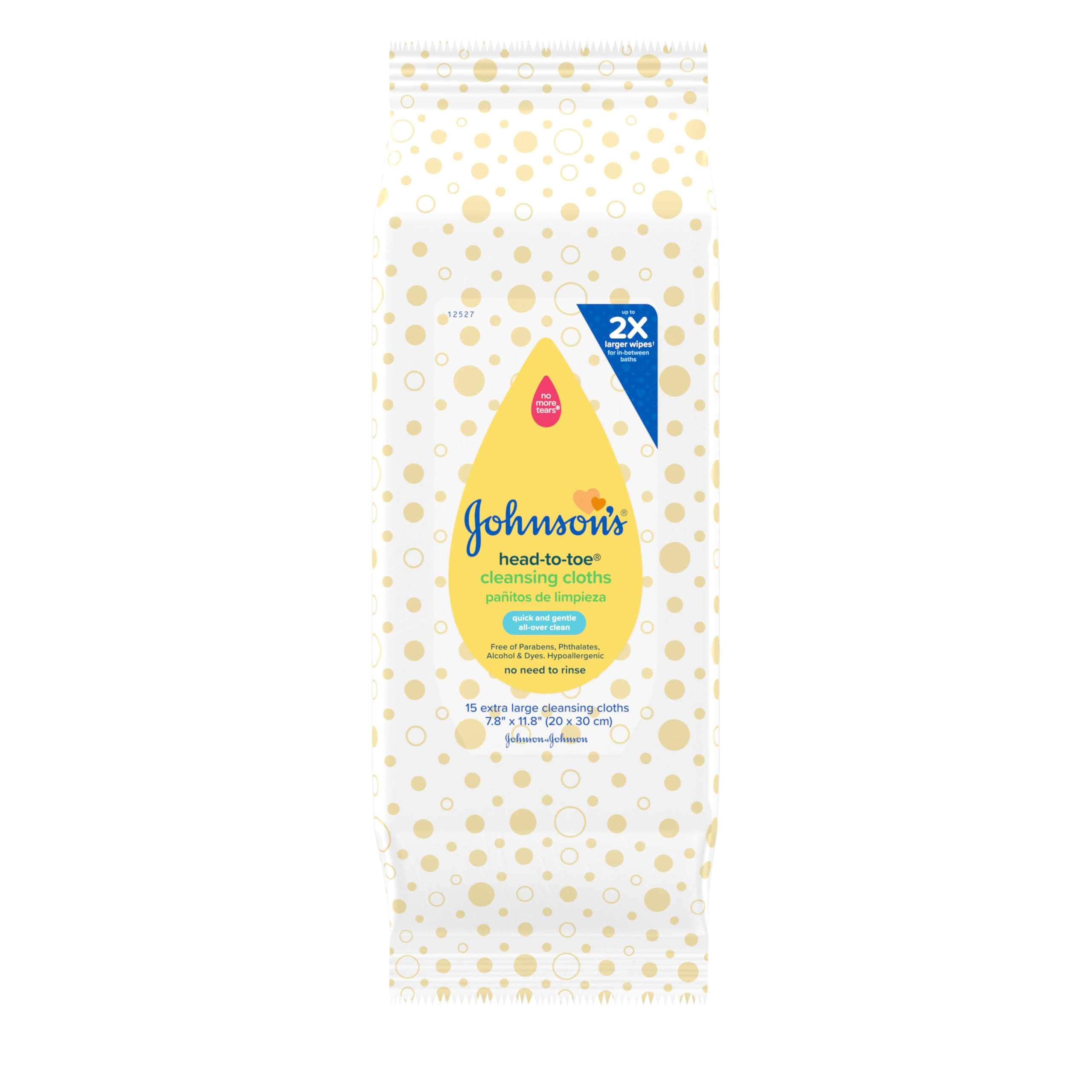 Johnson's Baby Head-to-Toe Gentle Cleansing Cloths, No Rinse, Disposable Pre-Moistened Baby Bath Wipes, Hypoallergenic Newborn Essentials, Head-to-toe Wipes, Paraben-Free 15 ct